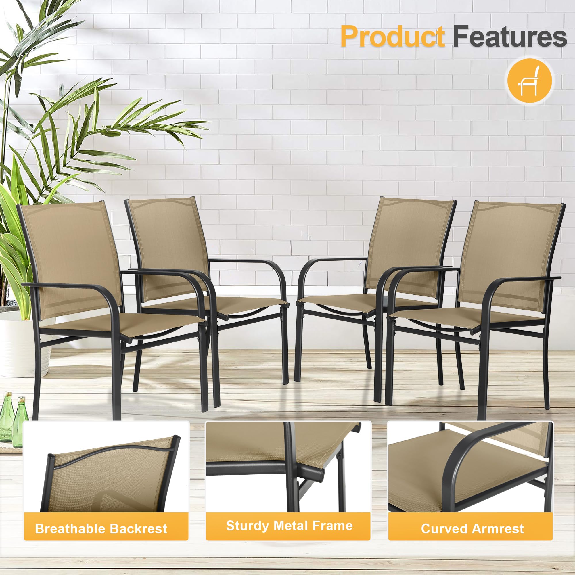 4-Piece Outdoor Wrought Iron Dining Chairs Set - Textilene High Back Patio Chairs with Armrests, Durable Metal Frame Furniture for Yard, Backyard, Lawn & Poolside - Perfect for Outdoor Dining, BBQs & Garden Parties (Brown)