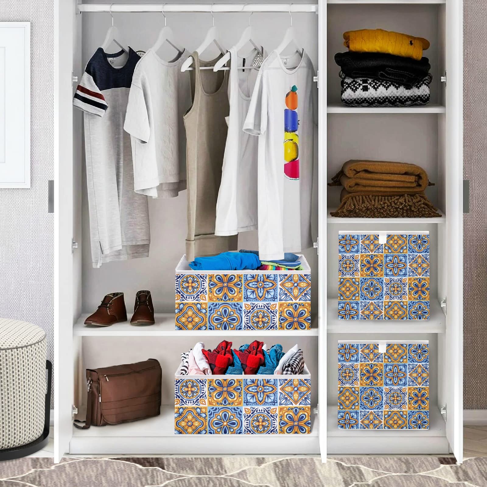 Italian Mexican Ceramic Tiles Blue Gold Orange Ethnic Folk Art Rectangular Storage Basket - Collapsible Foldable Organizer Bin for Toys, Clothes, Nursery | Easy to Assemble for Home Decor & Gift Giving