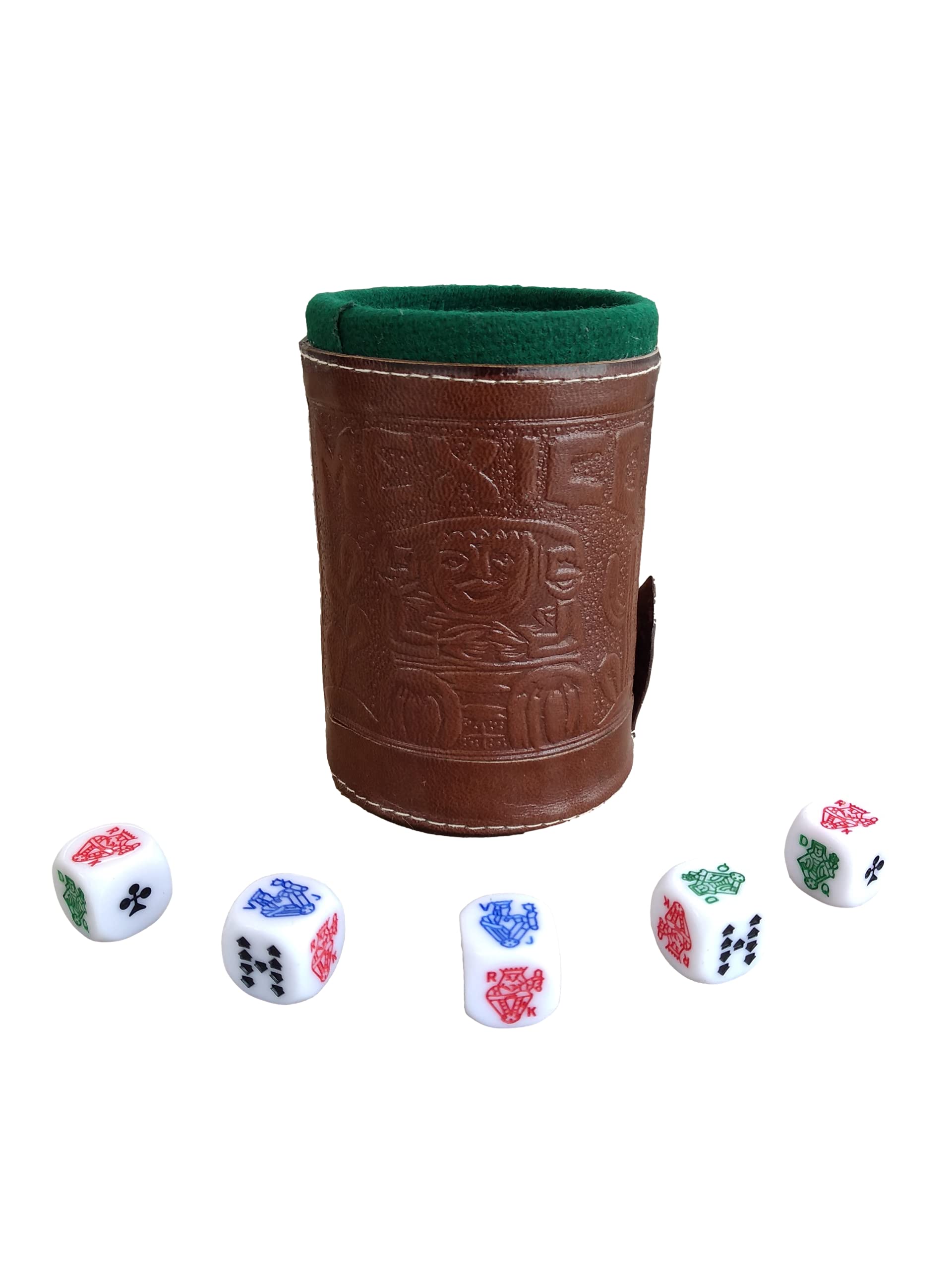 Marquez Premium Poker Dice Game Set with Leather Lined Cup (Cubilete) - 5 Professional Casino Style Dice, Brown, 3.1'' W x 3.5'' H - Perfect for Game Nights, Travel & Spanish-Speaking Players Ages 72+