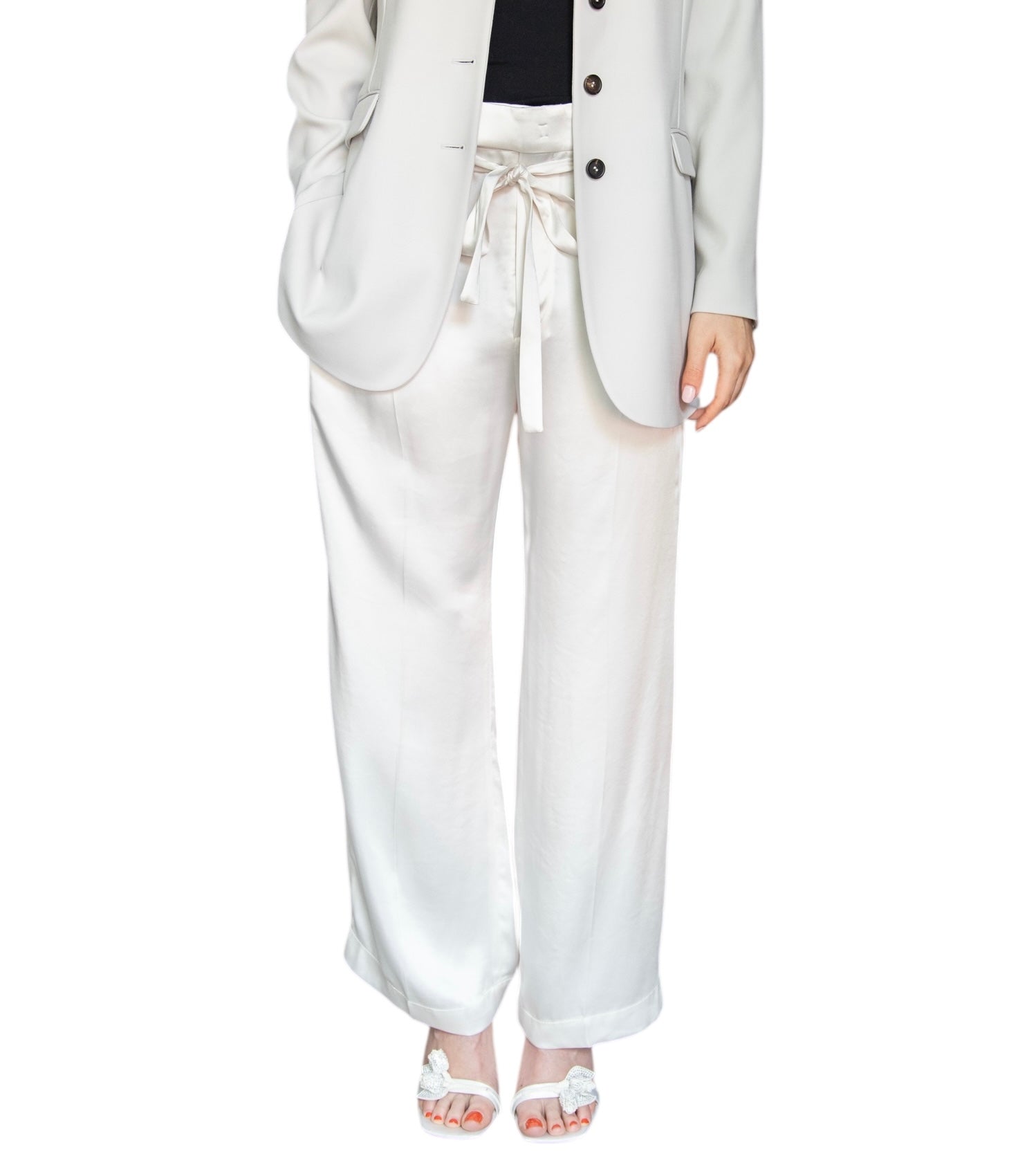 Brunello Cucinelli Ivory Satin Tie Trousers for Women | Size IT 42 / US 6 | Elegant Formal Pants for Office Wear & Special Occasions