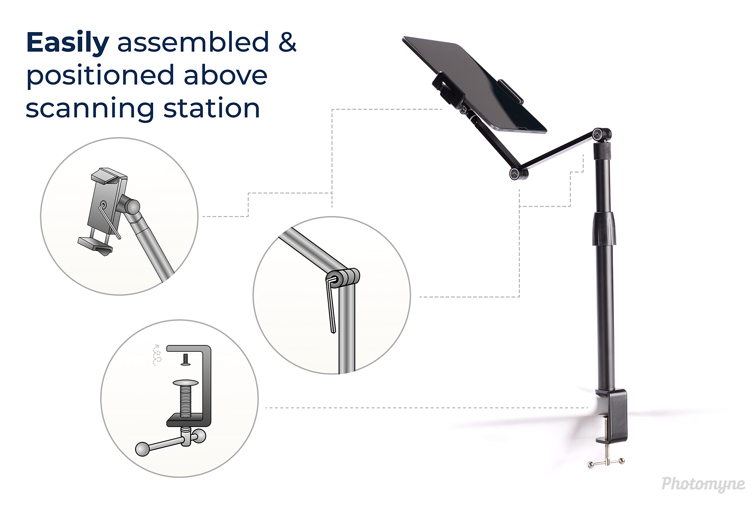 Adjustable Phone & Tablet Stand with Clamp - Hands-Free Photo Scanning, Stable Desk Mount for Phones & Tablets - Wide Compatibility, Height Adjustable with 2 Flexible Arm Heads - Perfect for Video Calls, Online Learning & Document Scanning