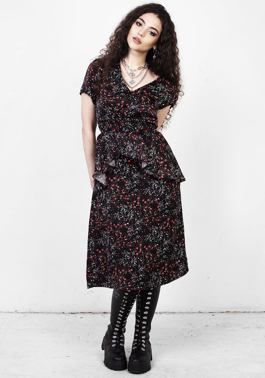 Rosettears Floral Print Frill Peplum Midi Dress for Women - Elegant Summer Party & Wedding Guest Outfit