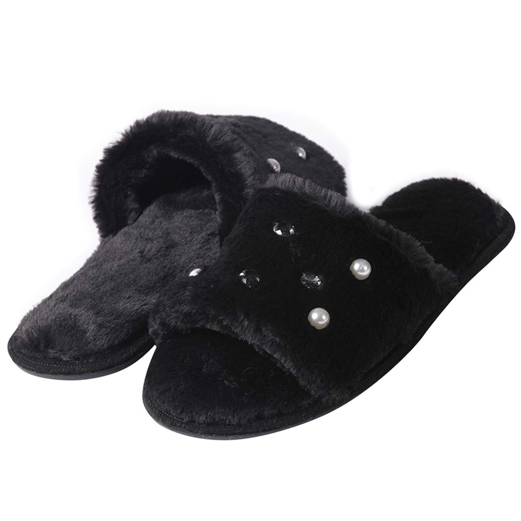Women's Faux Fur Slippers with Pearl Decor - Cozy Open Toe Indoor House Shoes for Women - Non-Slip Fuzzy Slippers for Home, Lounge & Relaxation