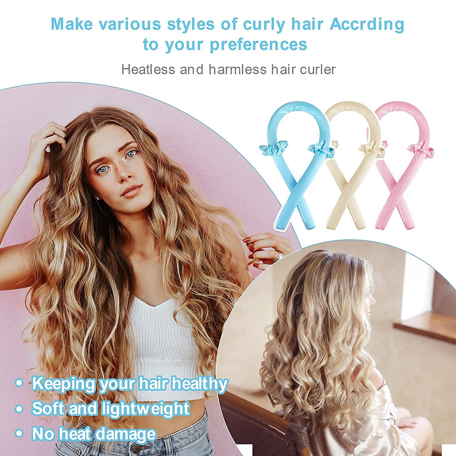 Grafken Heatless Curling Headband - No Heat Hair Rollers for Long Hair, Sleep-Friendly Perm Rods & Flexi Rods, Soft Curling Ribbon (Pink) - Perfect for Overnight Styling, Beach Waves, and Damage-Free Curls