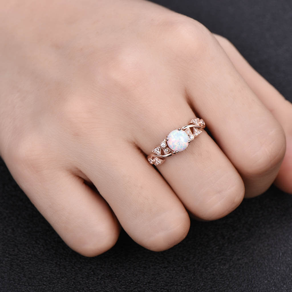 14K & 18K Rose Gold Opal Engagement Ring - Round Cut Art Deco Wedding Band with Milgrain Detailing - Vintage Style Anniversary Gift Set for Women - Perfect for Proposals, Weddings & Special Occasions