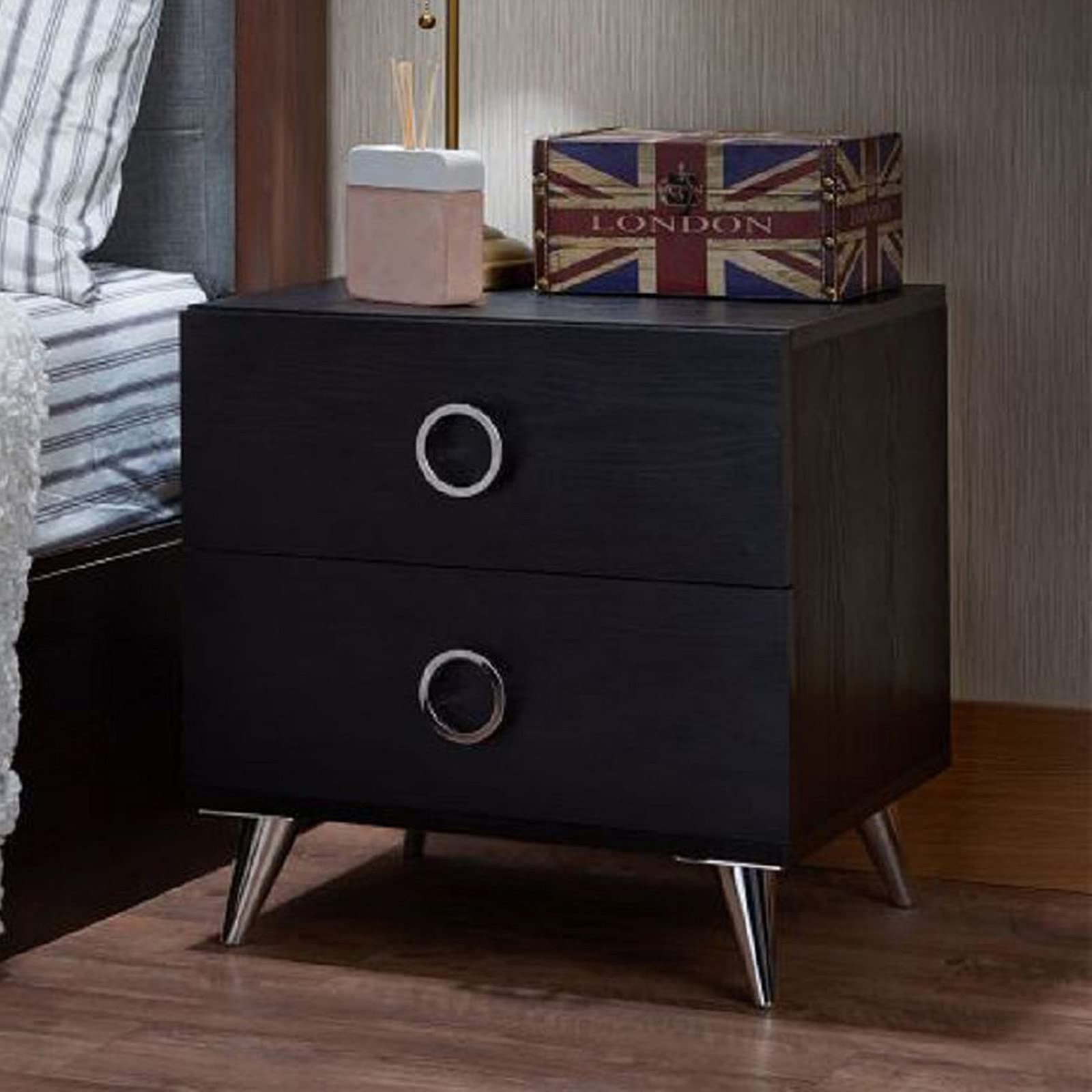 Modern Black Nightstand with 2 Drawers - Rustic Bedside Table for Bedroom, Living Room, Home Office & Dorm - Compact Storage End Table with Smooth Gliding Drawers - Perfect for Small Spaces, Apartment & Studio Decor