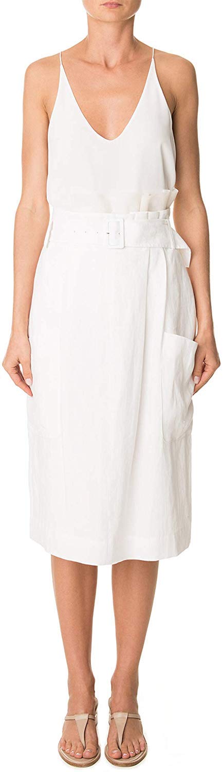 Tibi White Linen Paper Bag Waist Skirt for Women - High Waisted A-Line Summer Skirt for Casual Outings, Beach Vacations & Office Wear