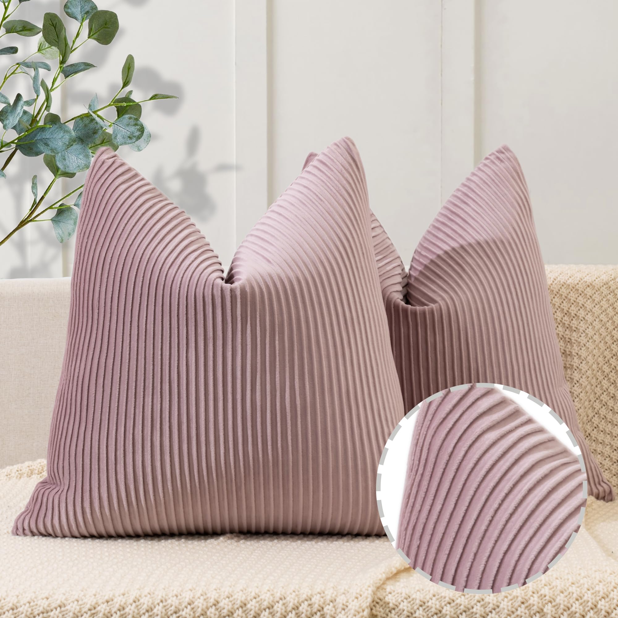 YCOLL Dusty Pink Velvet Pillow Covers 18x18 Inch Set of 2 - Soft Striped Throw Pillow Cases for Sofa, Couch, Bed & Living Room Decor | Luxury Home Decorative Pillows for Cozy Living Spaces & Bedroom Accents