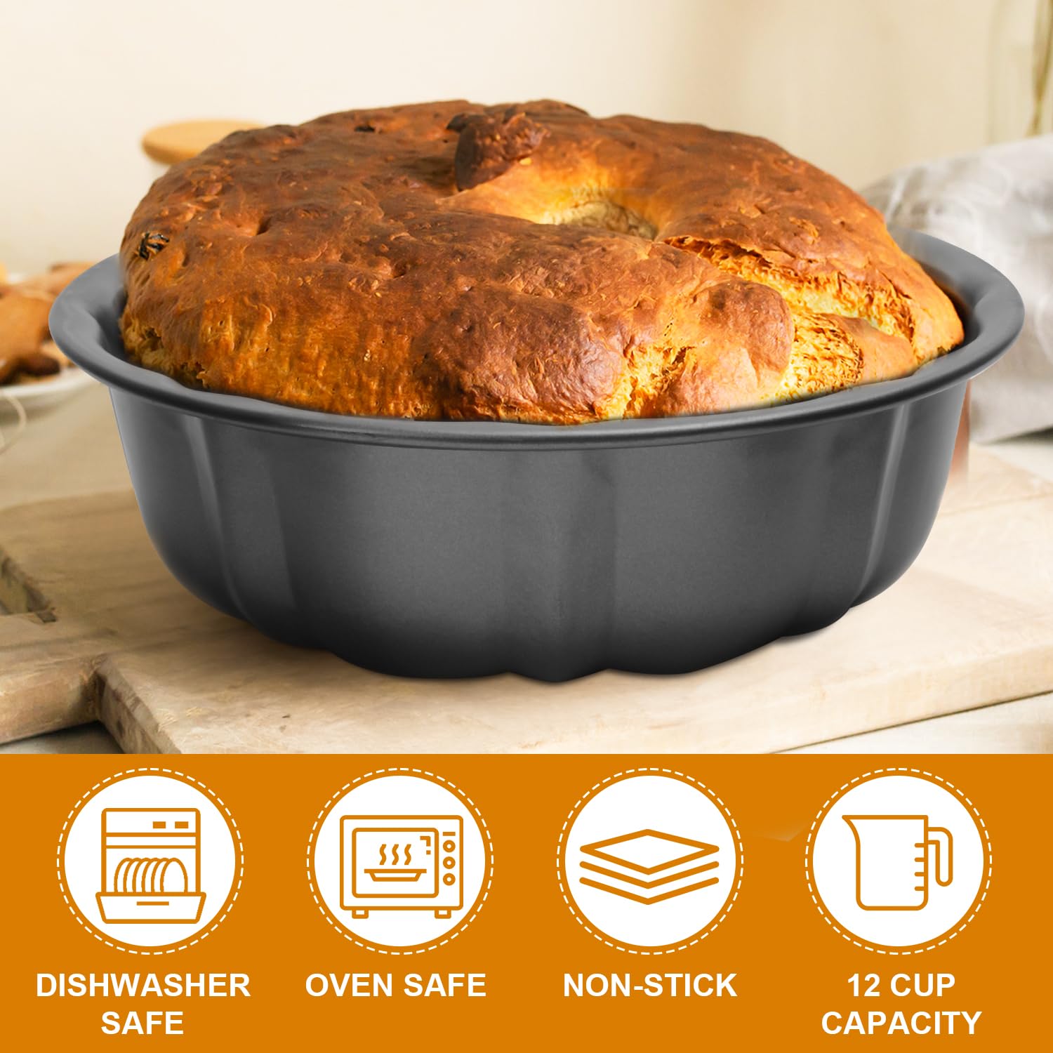 Nonstick 9.5 Inch Bundt Cake Pan Set of 2 - Heavy Duty Carbon Steel 12 Cup Pound Cake Mold for Baking Bundt Cakes, Buntelet, Bavarois & Brownies (Grey) - Perfect for Holiday Desserts, Birthday Parties & Family Gatherings