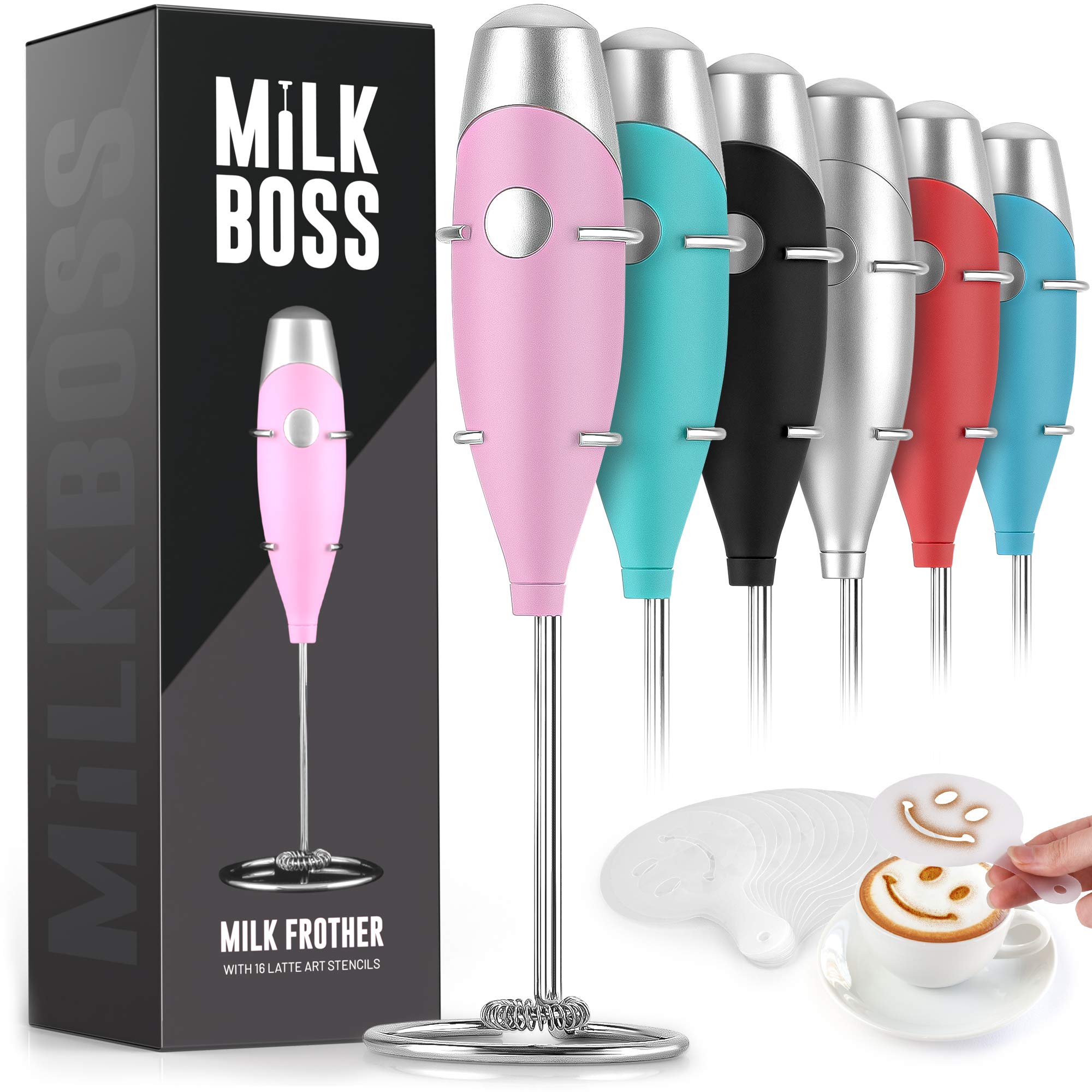 Milk Boss Mighty Milk Frother - Electric Handheld Whisk Mixer for Coffee, Lattes & Matcha | Portable Foam Maker with 16-Piece Stencils | Perfect for Home, Office & Cafe Use (Pink)