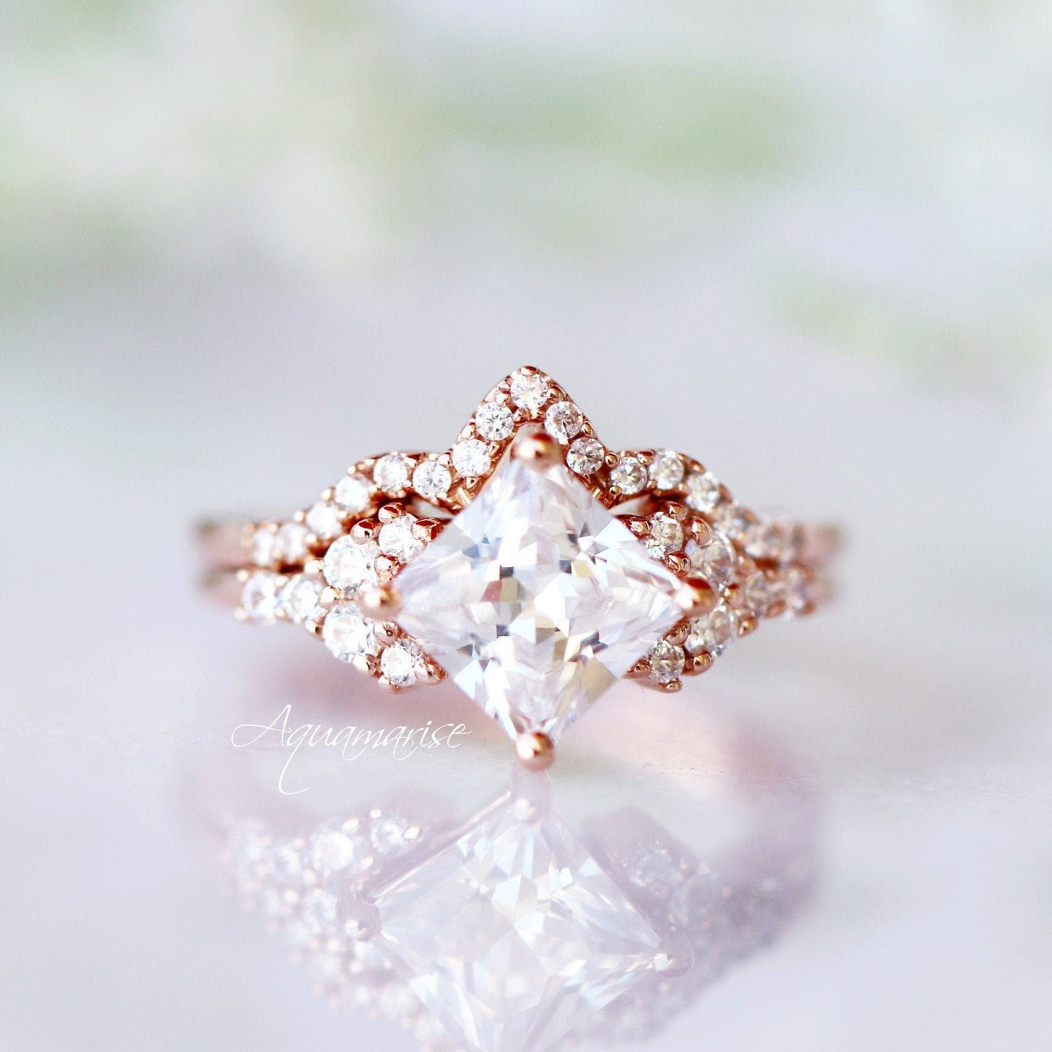Ellie Princess Cut Lab Grown Diamond Engagement Ring Set - 14K Solid Rose Gold Wedding Band (IGI Certified) | Perfect for Proposals, Anniversaries & Bridal Jewelry