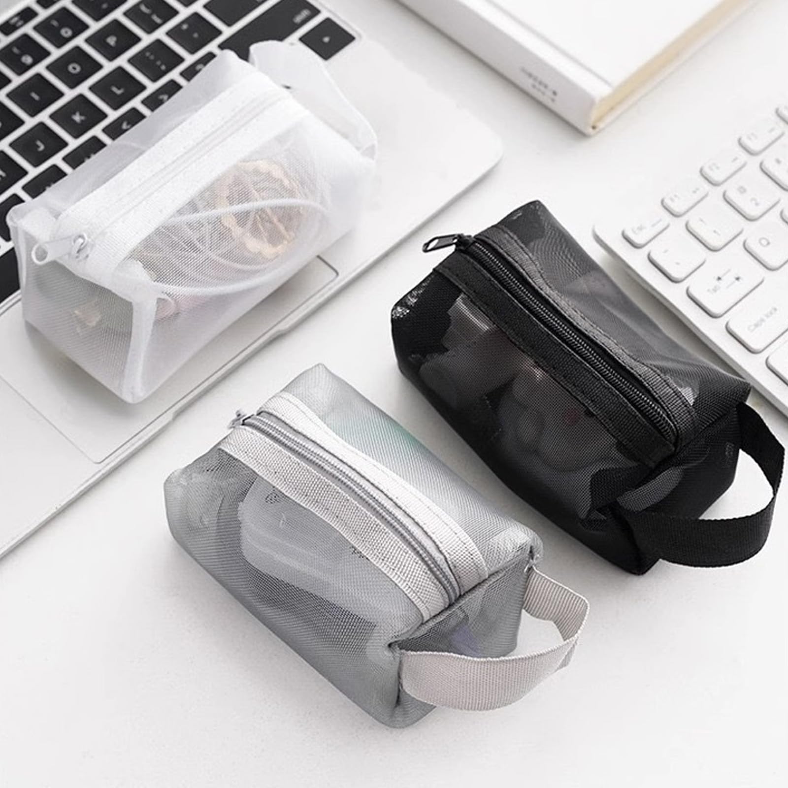 LYDZTION 6Pcs Mesh Makeup Bags with Zipper - Waterproof Travel Cosmetic Organizer Pouch Set for Toiletries, Home, Office & Daily Use (Black, White, Gray) | Perfect for Travel, Gym, Camping & Makeup Storage