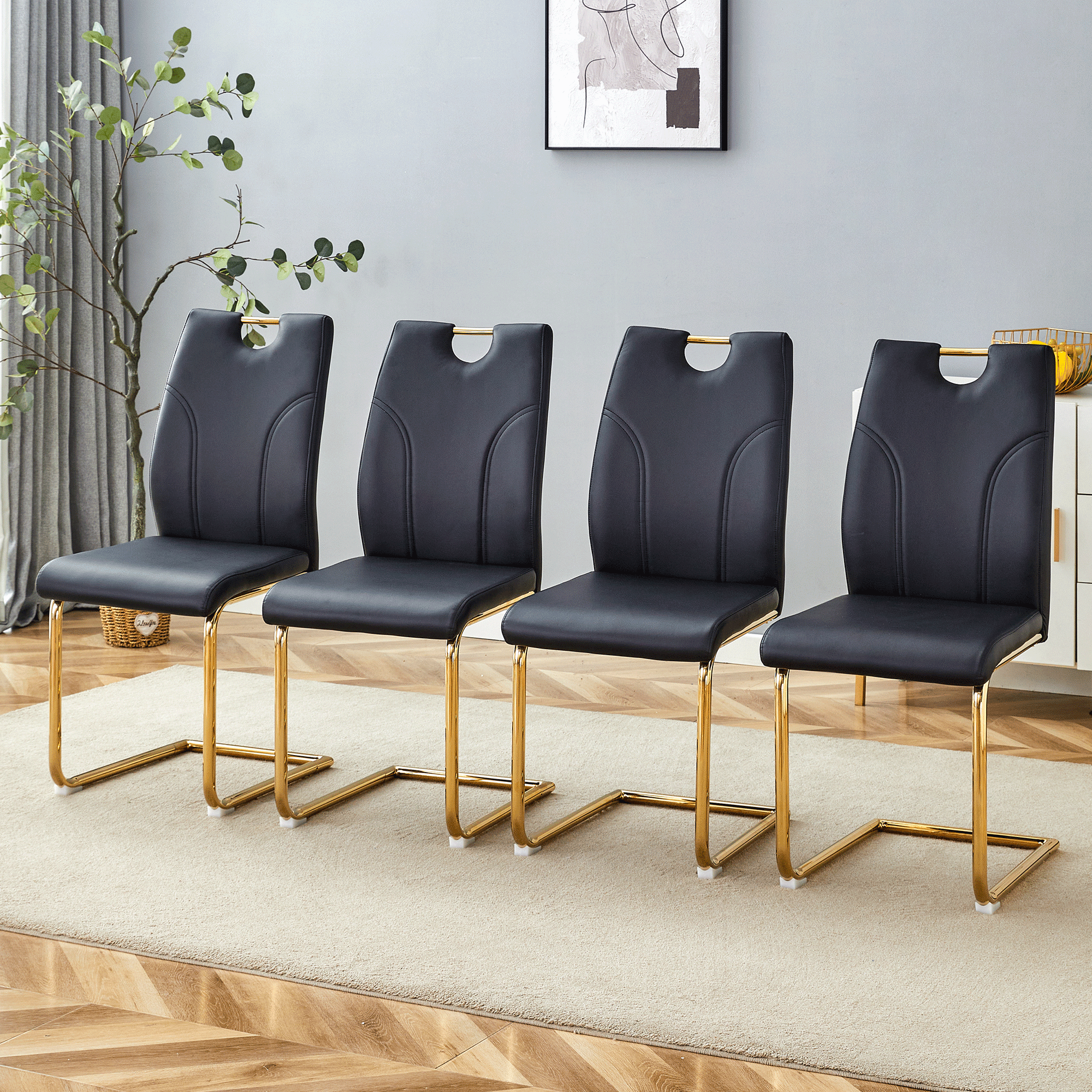 Modern Black PU Dining Chairs Set of 4 - Waterproof Faux Leather Upholstery with Gold Metal Legs - Stylish for Kitchen, Restaurant, Office & Conference Room - Elegant Seating Solution for Home & Commercial Use