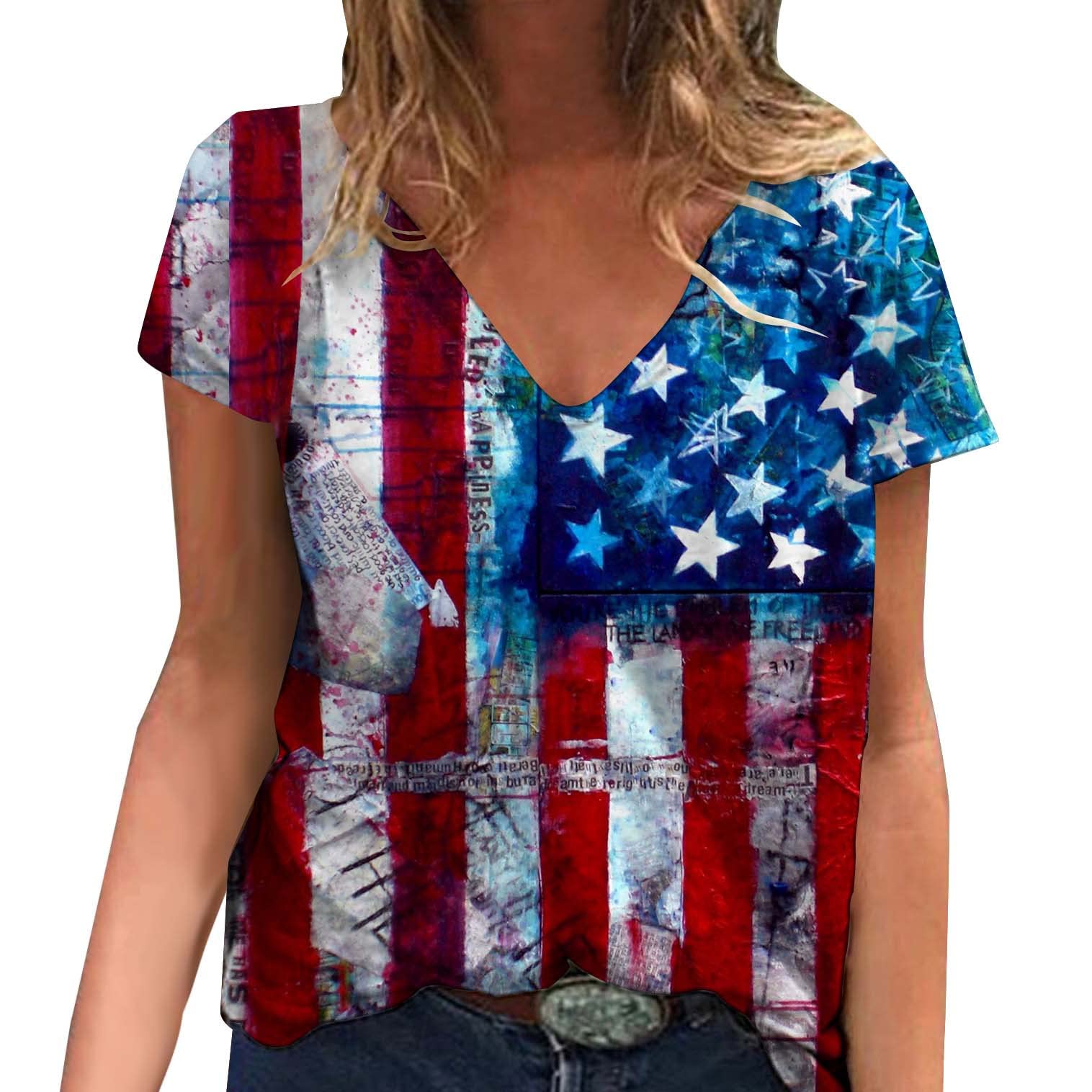 YMADREIG Patriotic Graphic Tees for Women - Oversized V-Neck Summer T-Shirts, Loose Casual Short Sleeve Blouses - Perfect for 4th of July, Memorial Day & Casual Outings