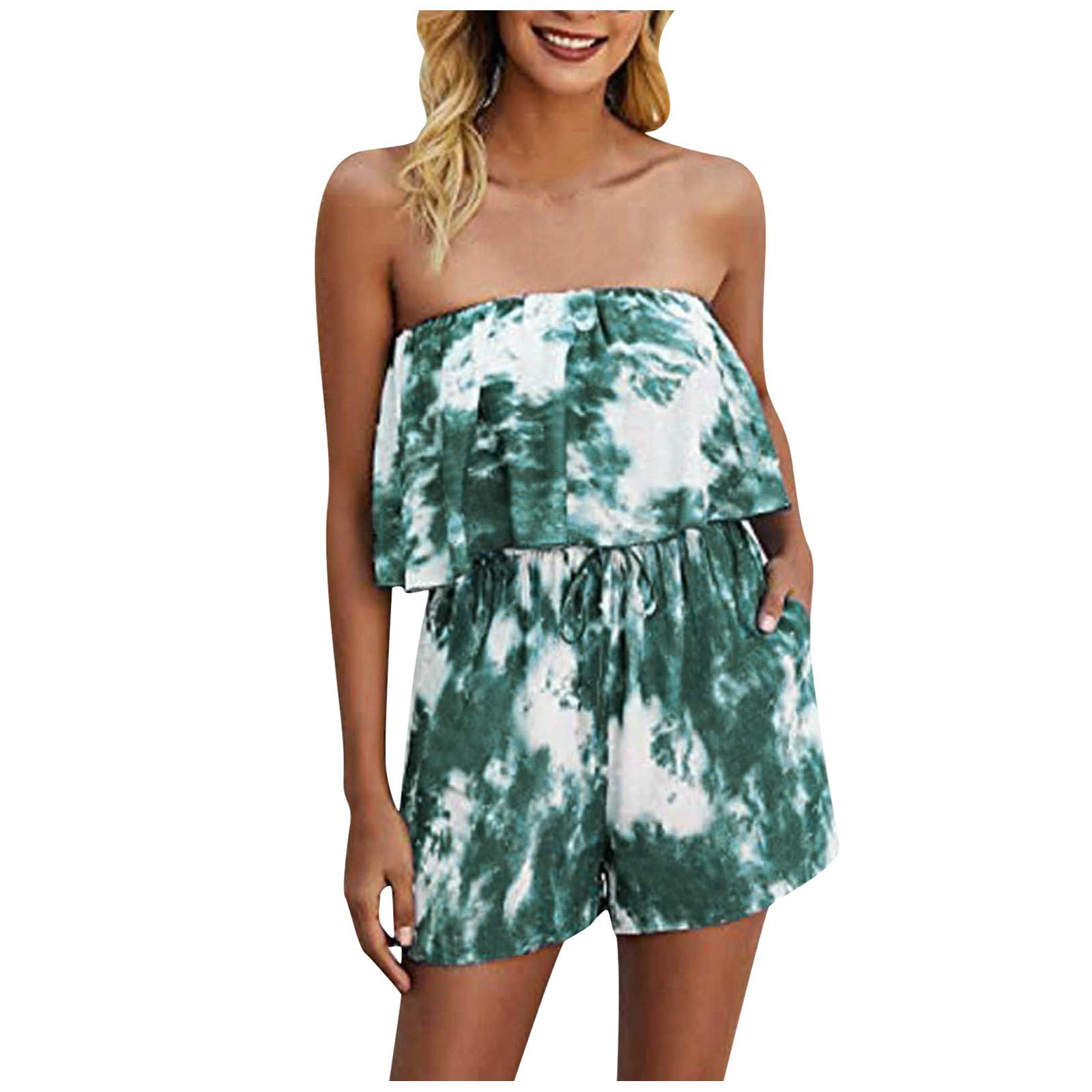 Trendy Women's Tie-Dye Off-Shoulder Wrap Jumpsuit - Stylish Striped & Arrow Print Casual Romper for Summer Outfits, Beach Vacations, and Music Festivals