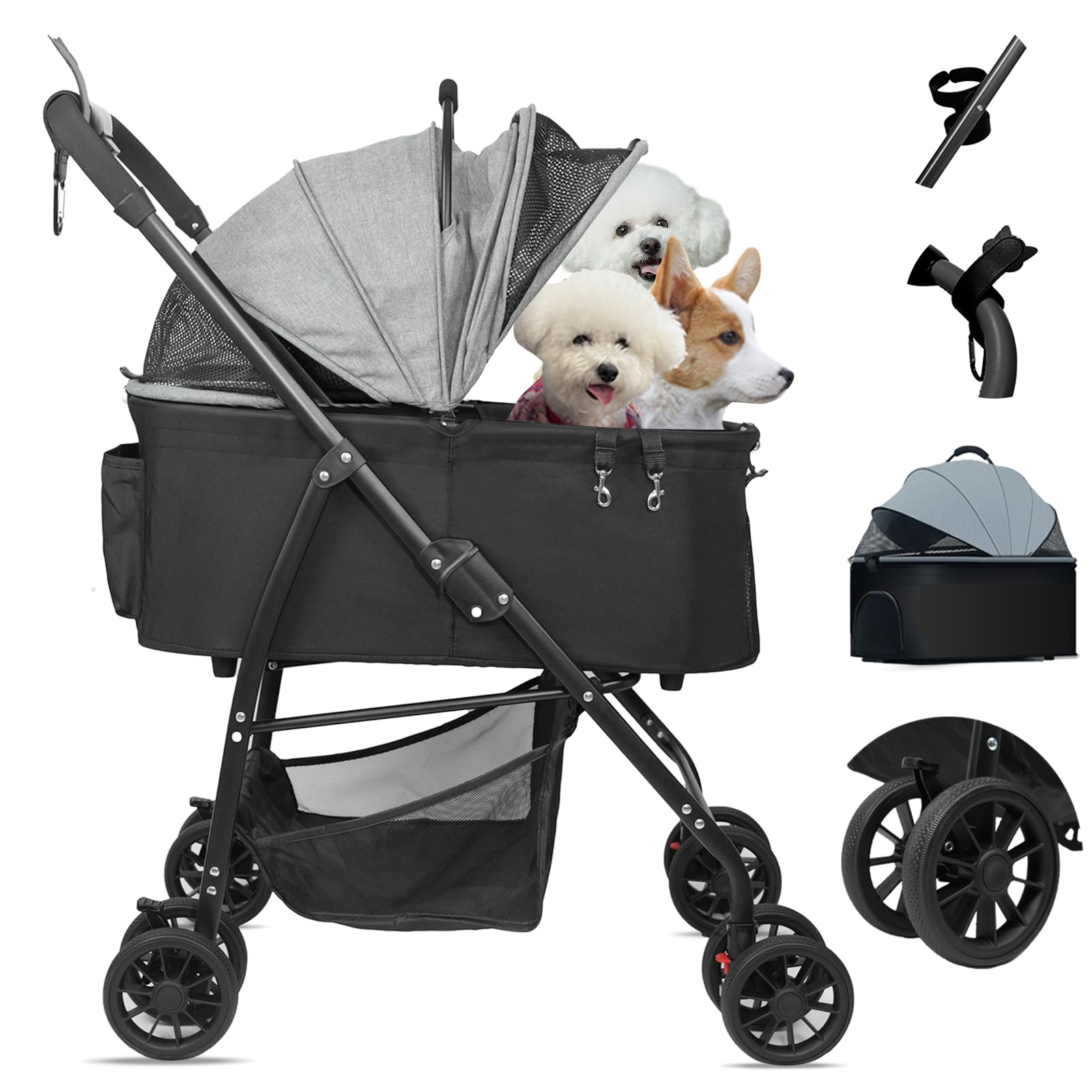 MILA&LOUIS Medium Dog Stroller with 4 Upgraded Wheels - Lightweight Pet Stroller for Small Dogs, Cup Holder & Hook - Detachable Spacious Cradle for Multiple Pets | Perfect for Park Walks, Vet Visits & Shopping Trips