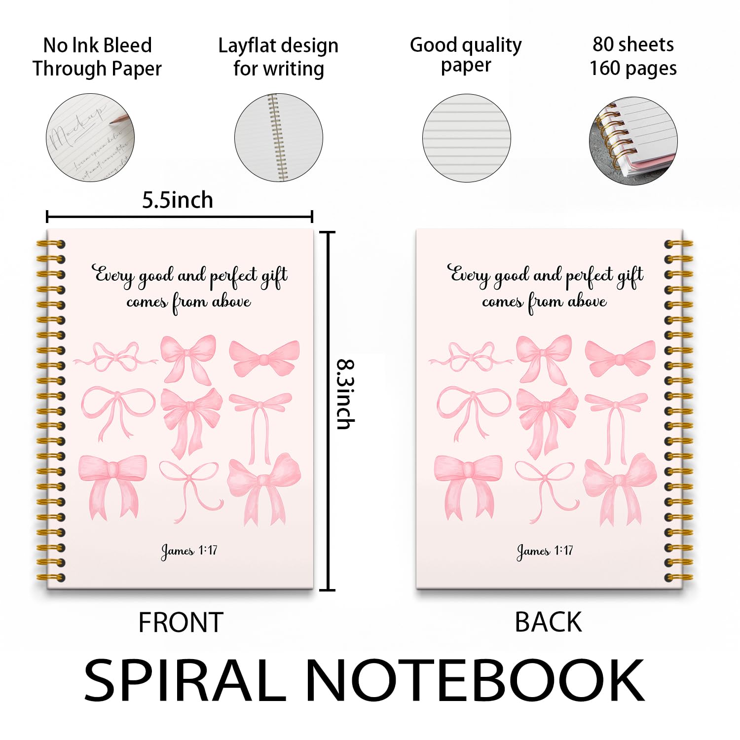 Pink Coquette Bows Spiral Journal Notebook 5.5×8.3 Inch - Christian Religious Diary & Preppy Bow Notebook for Women - 160 Pages Gift Idea for Girls, Teens & Students - Perfect for Bible Study, School Notes & Daily Journaling