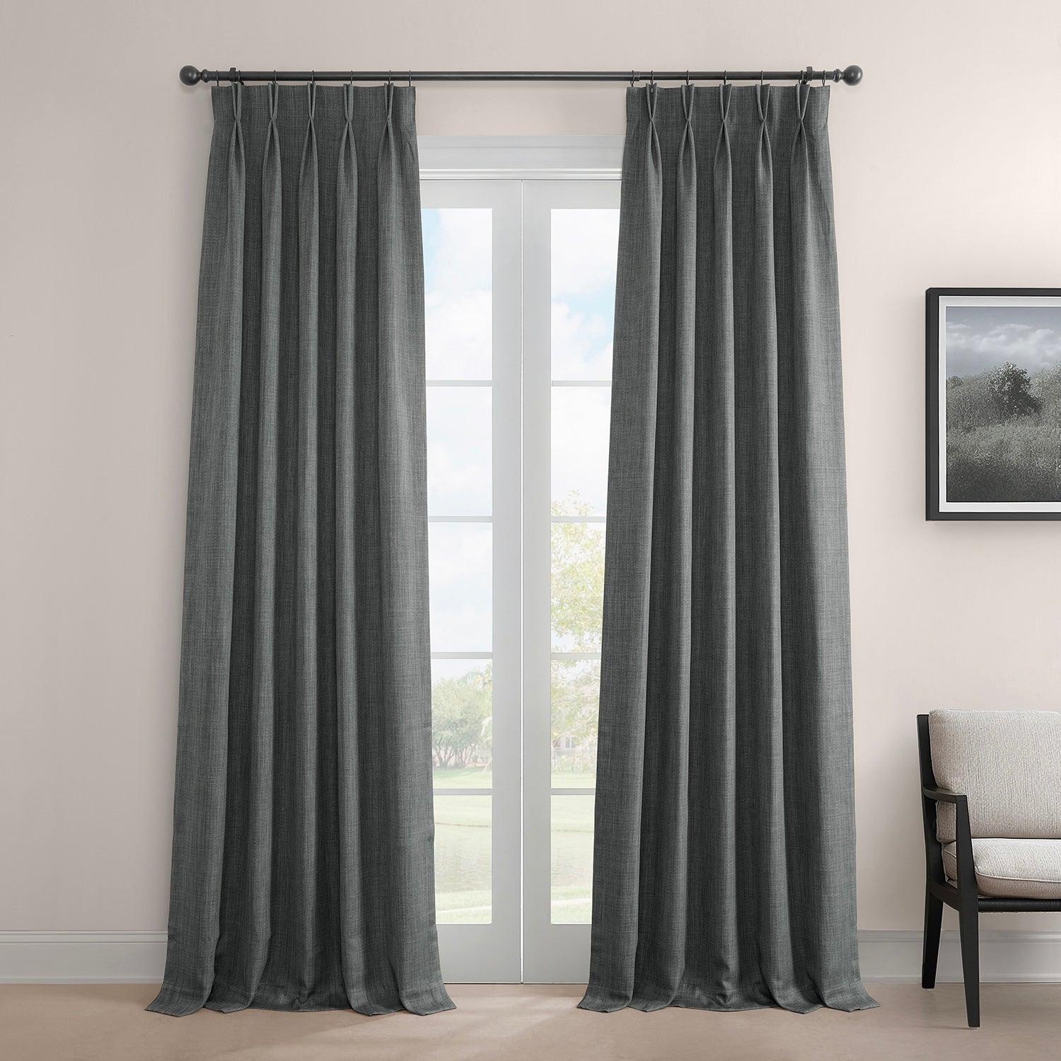 Dark Gray French Pleat Textured Faux Linen Blackout Curtains for Bedroom & Living Room - Noise Reducing & Light Blocking Window Treatments for Home Decor