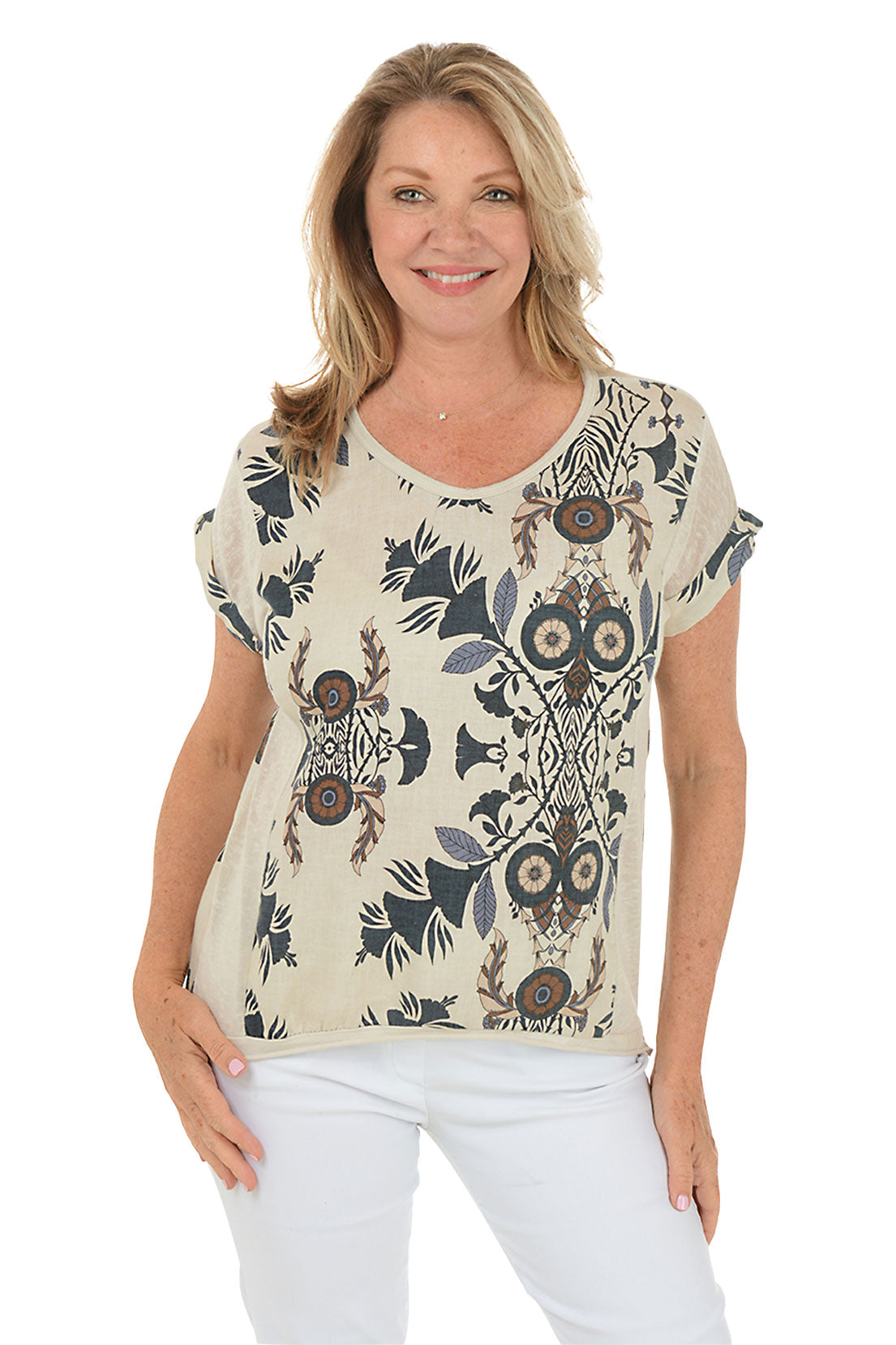 Blue Exotic Patterned V-Neck Linen Tee for Women - Breathable Summer Top for Beach, Vacation & Casual Wear
