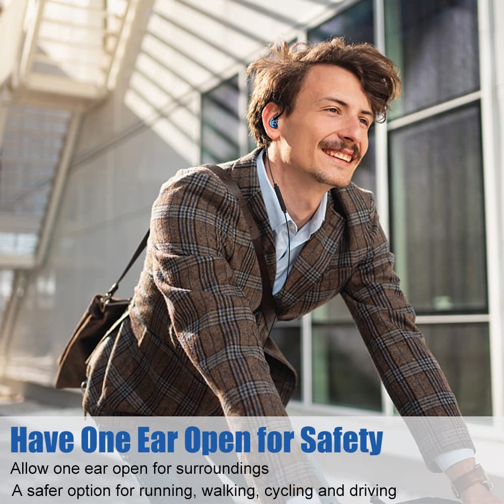 Stereo-to-Mono Single Earbud with Mic & Controls - Wired One Ear Headphone with Over-Ear Hook & Case for iPhone Android Phone Laptop - In-Ear Mono Headset for Driving, Sports, Running, Cycling (Right Ear Only) - Perfect for Hands-Free Calls, Workouts & Commuting