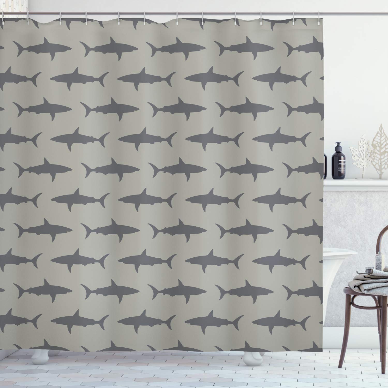 Ambesonne Sea Animals Shower Curtain - Sharks Swimming Horizontal Silhouettes, Powerful Wild Life Design, Waterproof Fabric Bathroom Decor Set with Hooks, 69