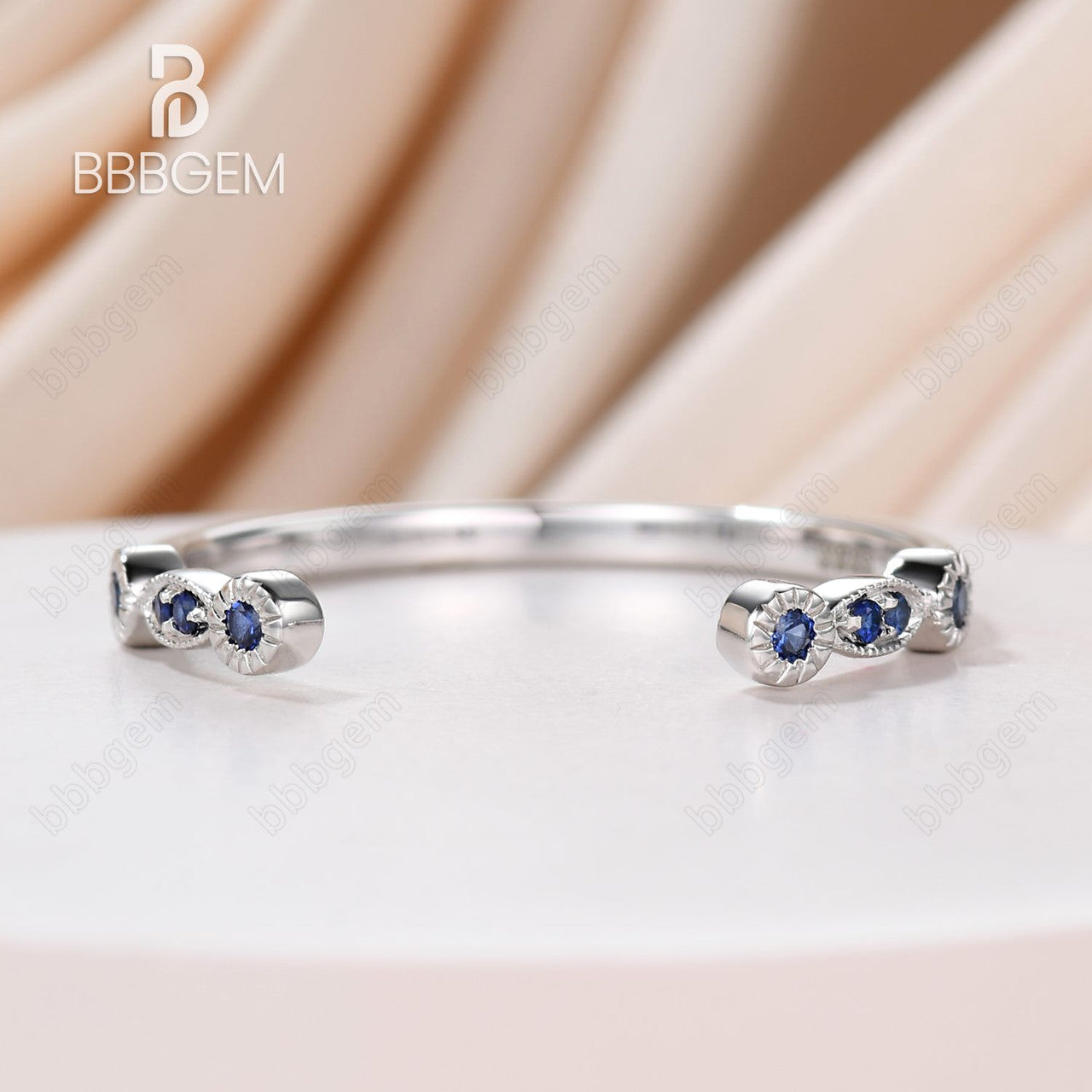 14K White Gold Natural Sapphire Open Gap Wedding Band - Marquise and Round Cut Sapphire Ring for Women, Perfect for Engagement, Anniversary, and Bridal Jewelry Gifts