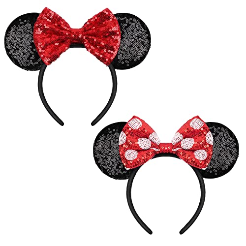 2 Pack Disney Mickey & Minnie Mouse Sequin Ears Headbands with Bow - Sparkly Hair Accessories for Women Girls Kids - Perfect for Halloween Costume, Cosplay, Theme Parks & Disney Trips (Red Dot & Red)