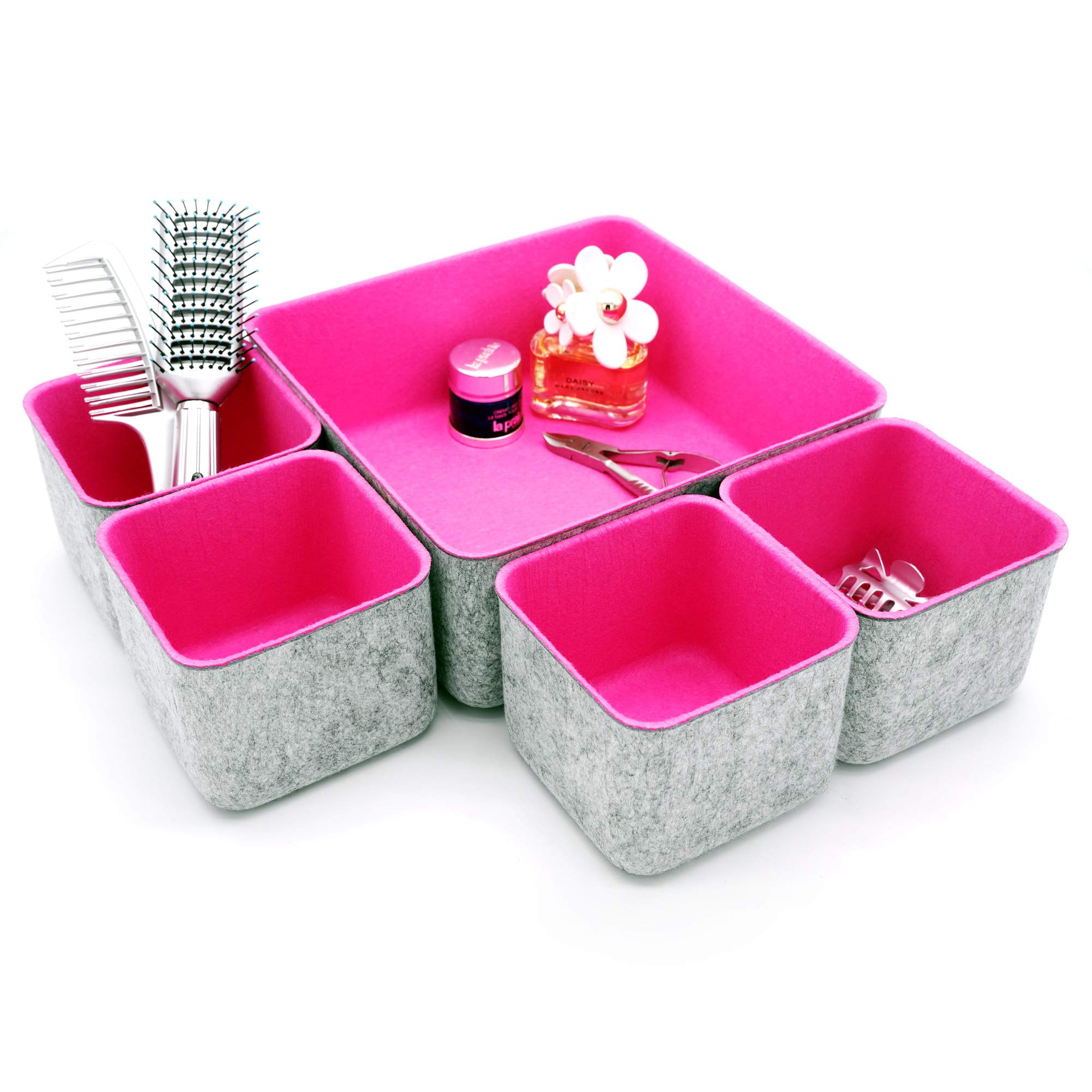 Welaxy 5-Pack Desk Organizer Storage Bins Set - Office Drawer Organizers for Home, Closet, Cabinet | Makeup & Cosmetic Storage | Socks & Soft Items Organizer Boxes (Hot Pink) - Perfect for Bedroom, Bathroom & Office Organization