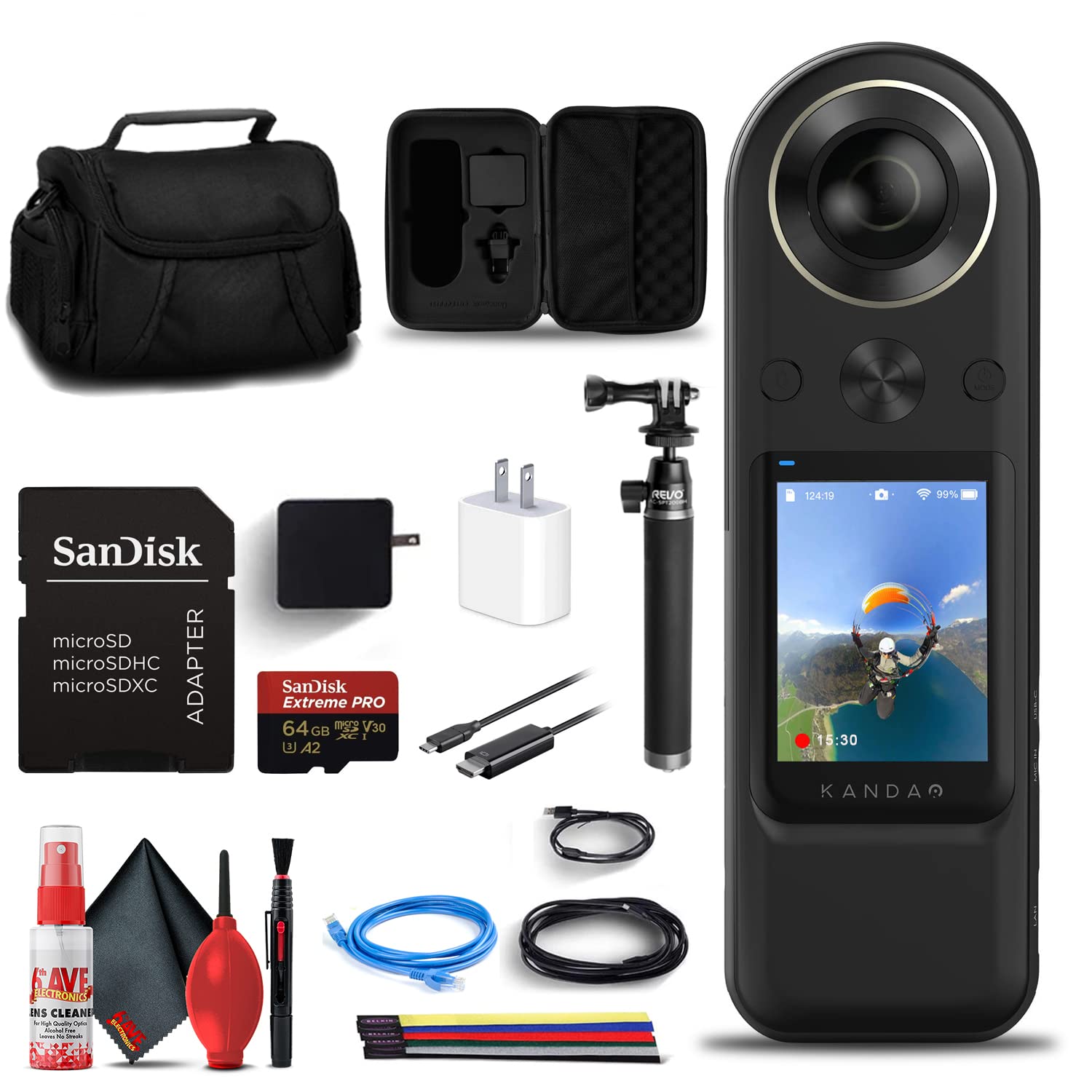 KanDao QooCam 8K Enterprise 360-Degree Camera Bundle with 64GB Memory Card, Adjustable Selfie Stick, Carrying Case, HDMI & USB-C Cables, Adapters & Accessories - Perfect for VR Content Creation, Live Streaming & Professional Photography