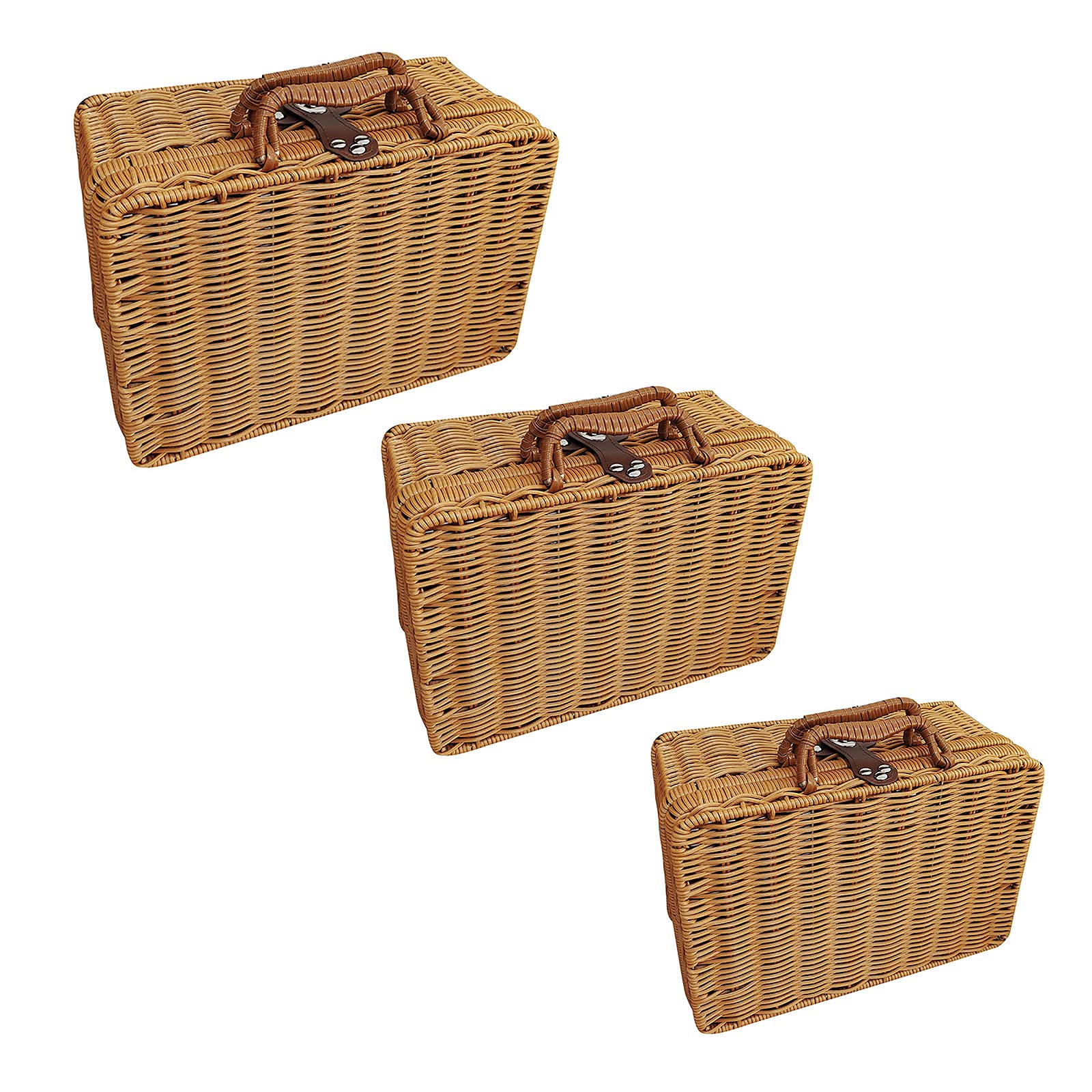 SUFUBAI 3-Pack Vintage Rattan Storage Baskets with Handles - Decorative Woven Picnic Boxes for Travel, Home Organization & Outdoor Gatherings | Perfect for Beach Trips, Laundry Storage & Farmhouse Decor