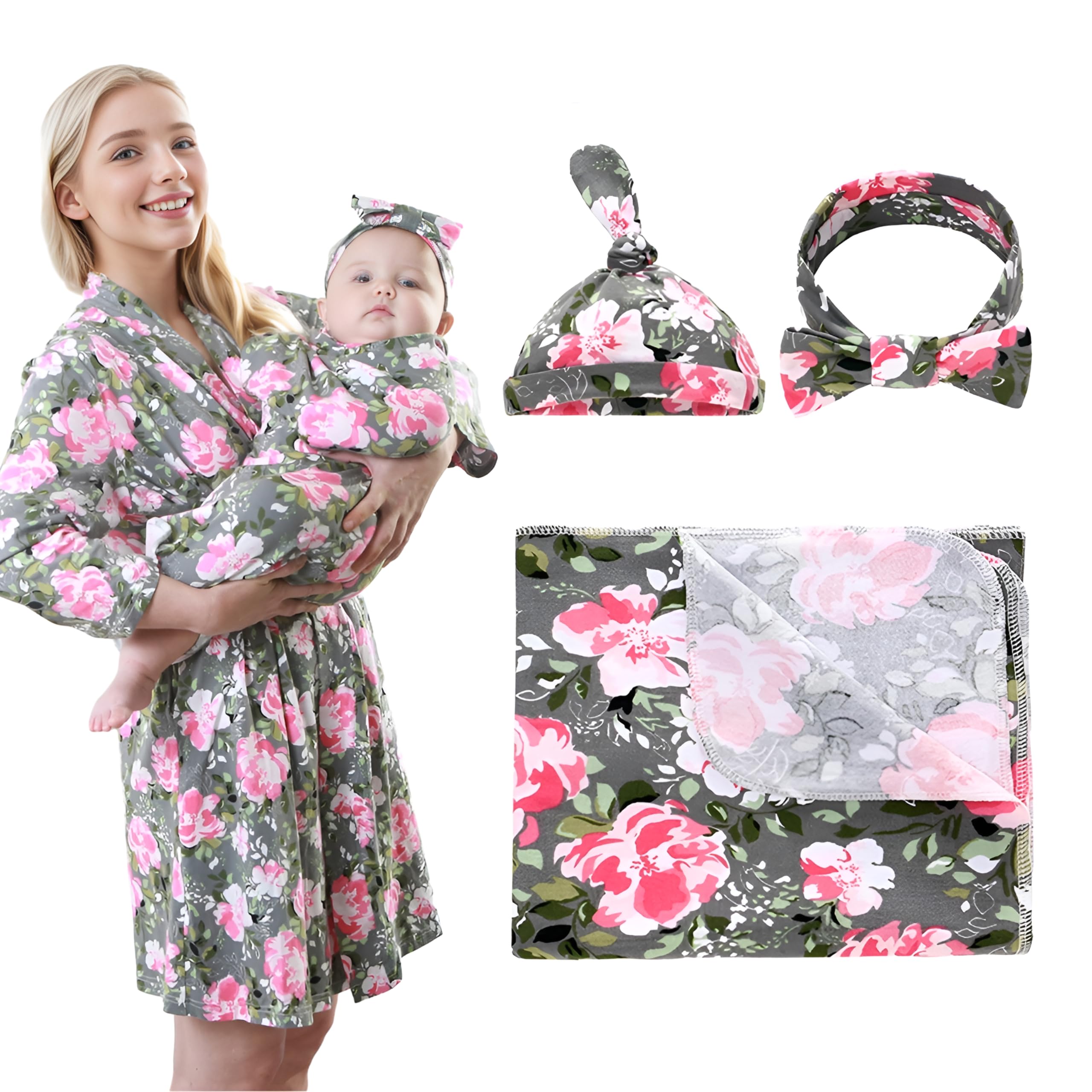 4 Pack Maternity Robe & Baby Swaddle Set with Hat Headband - Stretchy Knitted Nursing Dress with Pockets & Receiving Blanket for Mom & Newborn (Grey Floral) - Perfect for Hospital Delivery, Breastfeeding & Newborn Photography