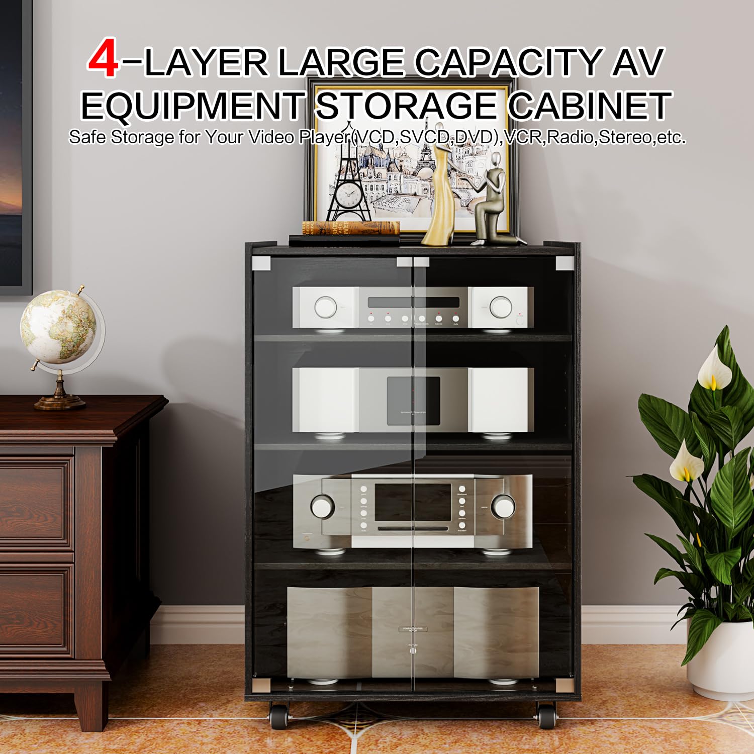 4-Tier Adjustable Media Storage Cabinet with Glass Doors & Pulley - Modern AV Stand for CDs, DVDs, Gaming Consoles & Stereo Components - Perfect for Living Room, Home Theater & Entertainment Centers