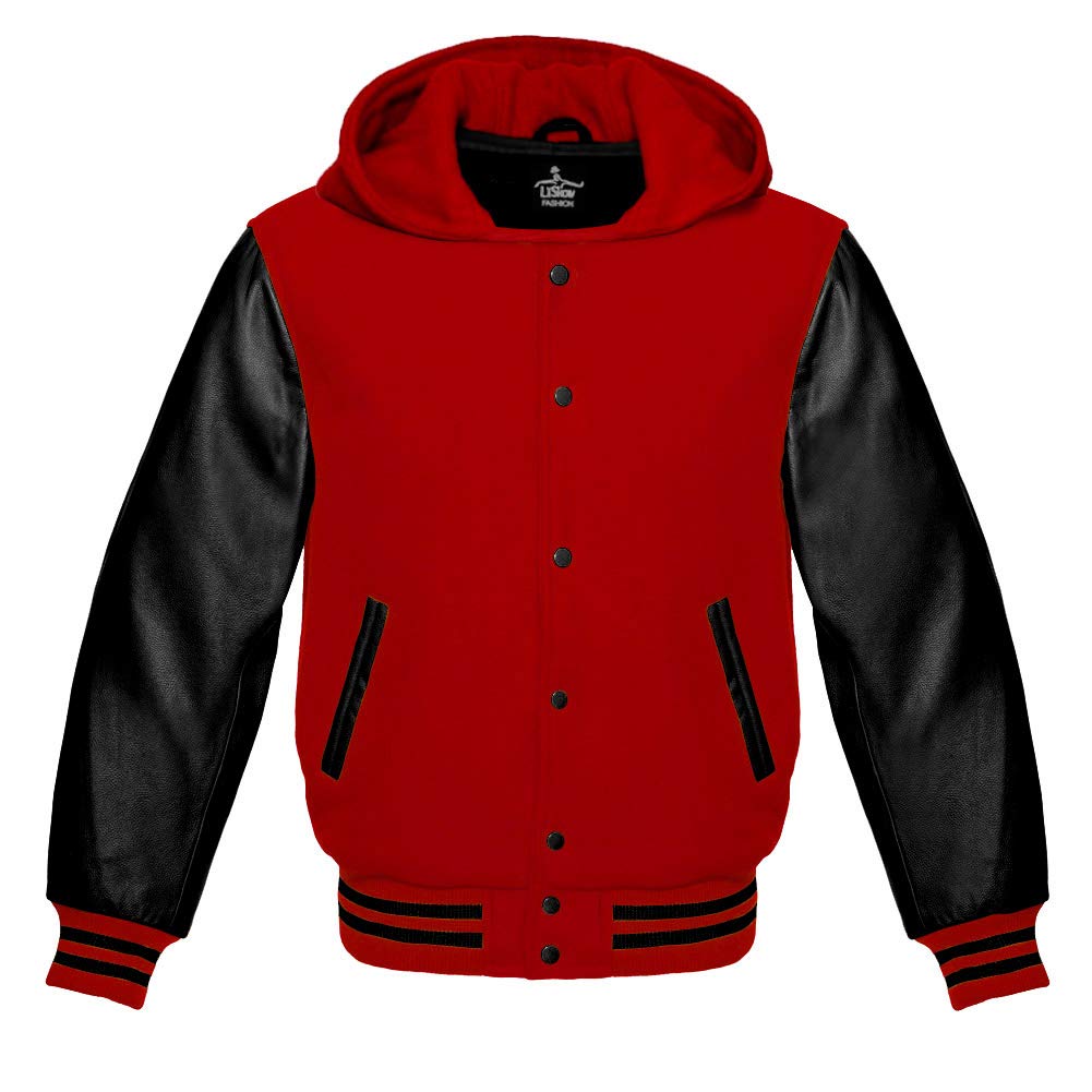 Varsity Hoodie Jacket - Baseball Letterman Bomber with Red Wool Body & Genuine Black Leather Sleeves | School Spirit, Team Sports & Casual Wear