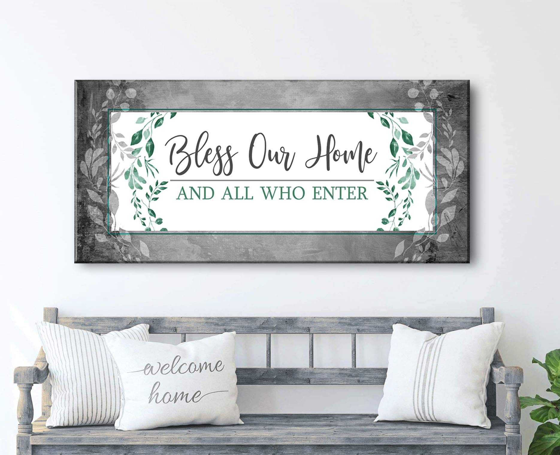 Bless Our Home Sign - Large Canvas Wall Art for Front Door & Entryway Decor, Housewarming Gift (Green, 42x19) - Perfect for Living Room, Bedroom & Home Interior Design
