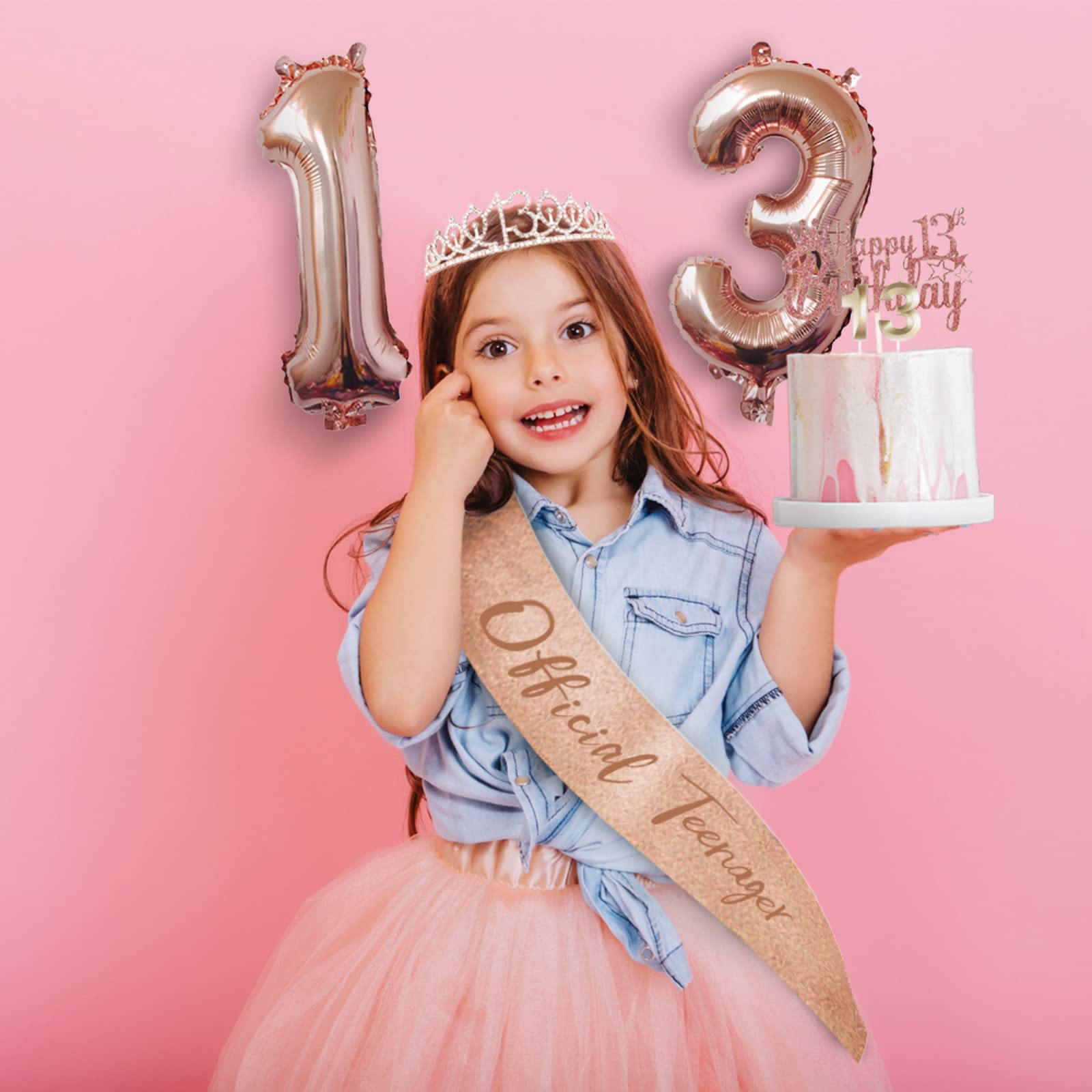 Sweet 13th Birthday Party Decorations for Girls - 5pc Gift Set with Tiara Crown, Sash, Cake Toppers, Balloons & Candles | Perfect for Teen Birthday Celebrations, Photo Shoots & Special Milestone Parties