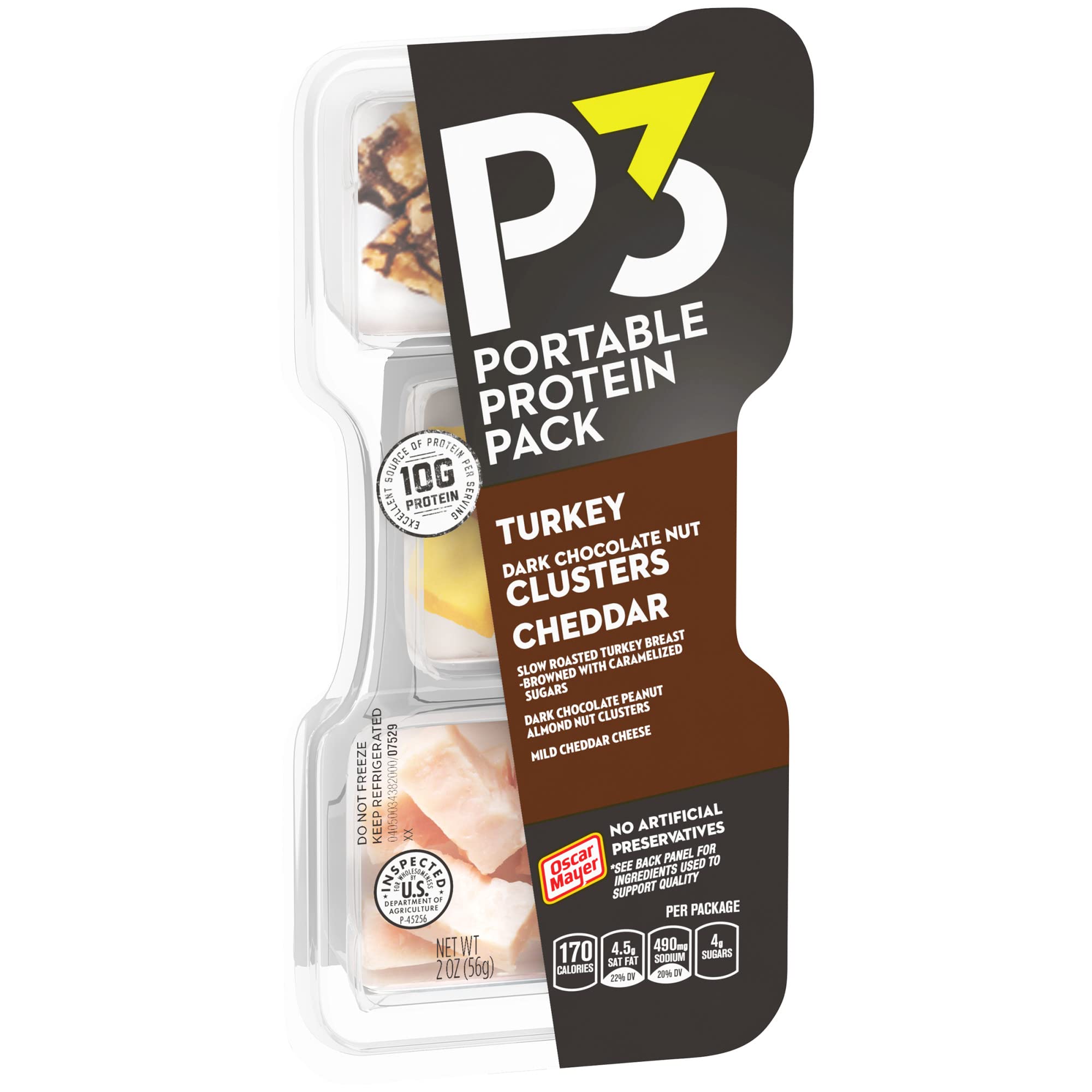 P3 Portable Protein Snack Pack with Dark Chocolate Almond Nut Clusters, Turkey & Cheddar Cheese - 2 oz Tray | High Protein On-the-Go Snacks for Work, Gym & Travel