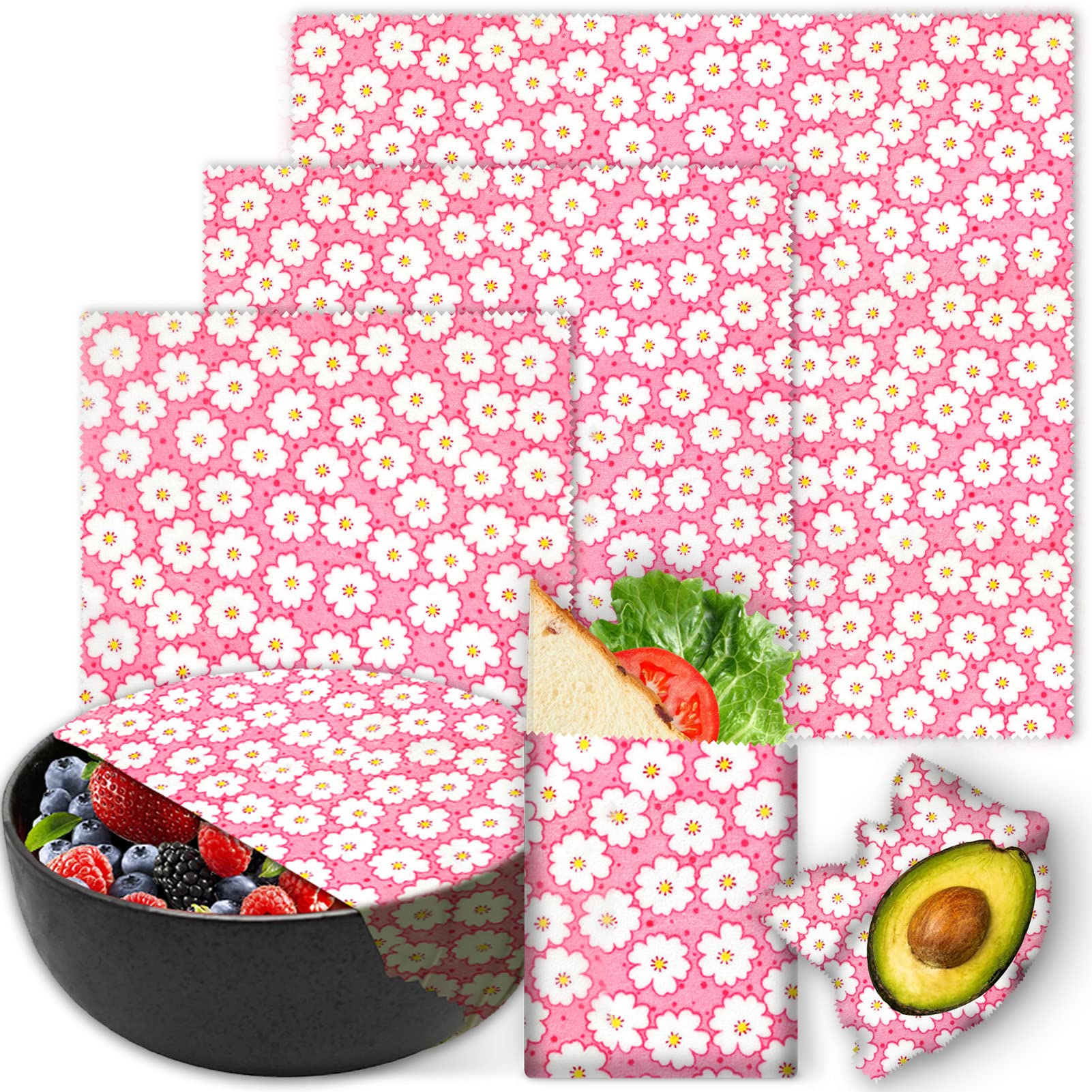 Organic Beeswax Food Wraps 3-Pack (1L, 1M, 1S) - Reusable Eco-Friendly Cherry Blossom Beeswax Wraps for Sustainable Food Storage | Plastic-Free, Biodegradable & Zero Waste | Perfect for Sandwiches, Fruits & Leftovers