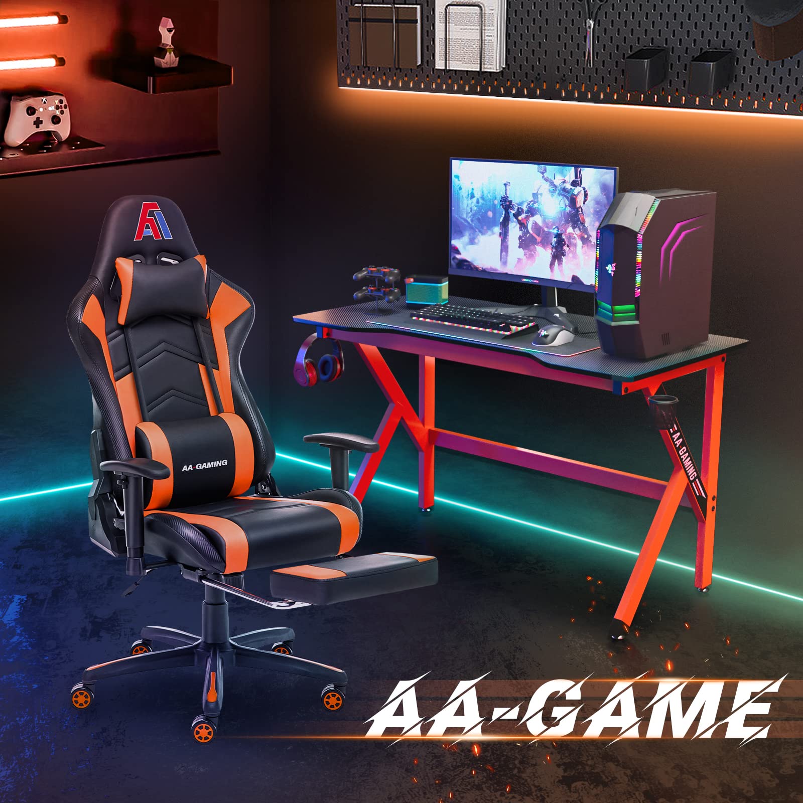 Ergonomic Gaming Chair with High Back, Lumbar Support & Footrest - Adjustable Racing Style Computer Office Chair for PC Gamers & Home Workstations (Black/Orange) - Perfect for Esports, Streaming & Long Work Sessions
