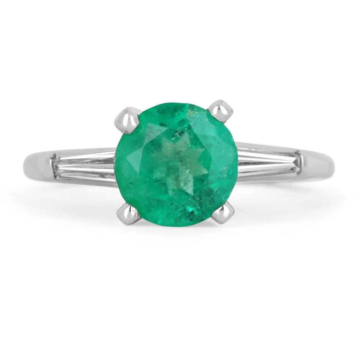 2.61tcw Round Emerald & Diamond Baguette Engagement Ring in Platinum - Perfect for Proposals, Weddings & Anniversary Gifts