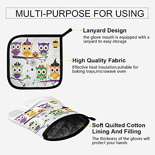 Halloween Owl Oven Mitts & Pot Holder Set - Heat Resistant Kitchen Gloves for Baking, Grilling, BBQ - Cute Pumpkin & Branch Design for Fall Decor