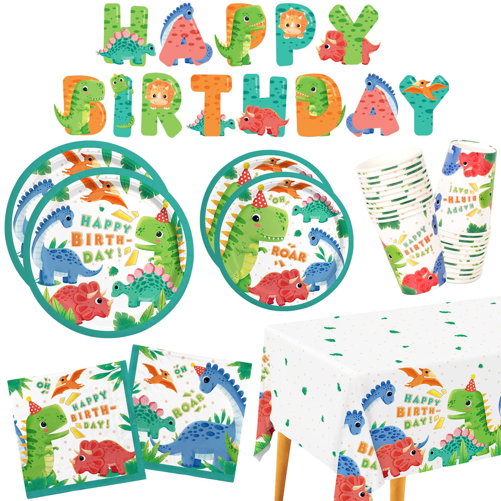 Dinosaur Birthday Party Supplies Set - 25 Pcs Disposable Paper Plates, Napkins, Cups, Tablecloth & Banner for Kids Dino Themed Party Decorations | Perfect for Birthday Celebrations, Classroom Events & Jurassic Theme Parties