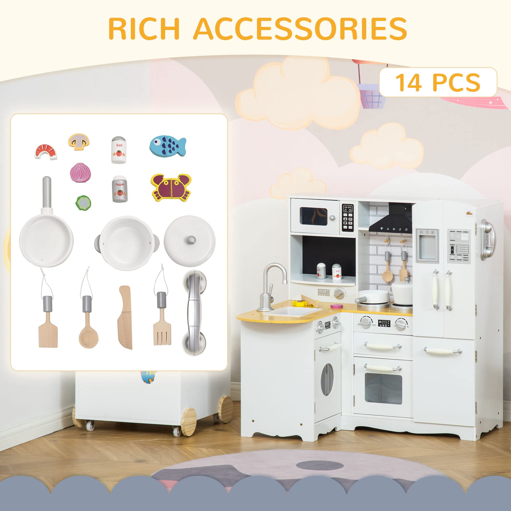 Qaba Corner Kitchen Playset with Cooking Set, Realistic Kids Kitchen with Range Hood, Microwave, Oven, Stove, Refrigerator & Telephone, Interactive Pretend Play Kitchen with Sound Effects for Toddlers - Perfect for Home Playroom & Preschool Learning