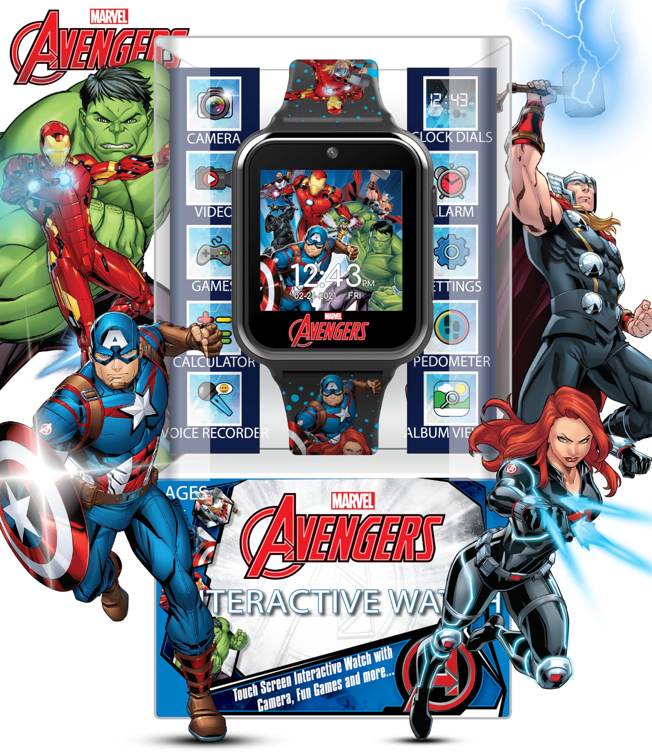Marvel Avengers Kids Smartwatch with Touchscreen, Games, Camera & Fitness Tracker – 10 Watch Faces, USB Rechargeable – Step Counter, Alarm, Timer – Fits 5.5