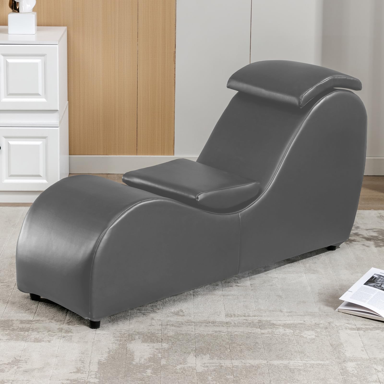 Premium MUZZ Yoga Chaise Chair with Adjustable Cushion - Modern Faux Leather Lounge Chair for Stretching & Relaxation - Grey PVC Chaise Lounge for Living Room, Bedroom & Home Gym - Perfect for Yoga, Meditation & Reading