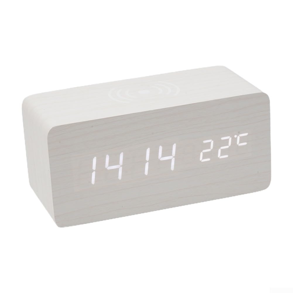 Wireless Charging Digital Alarm Clock with Temperature Display - Wooden Design for Bedroom, Office & Travel | Nightstand Essential for Home Decor