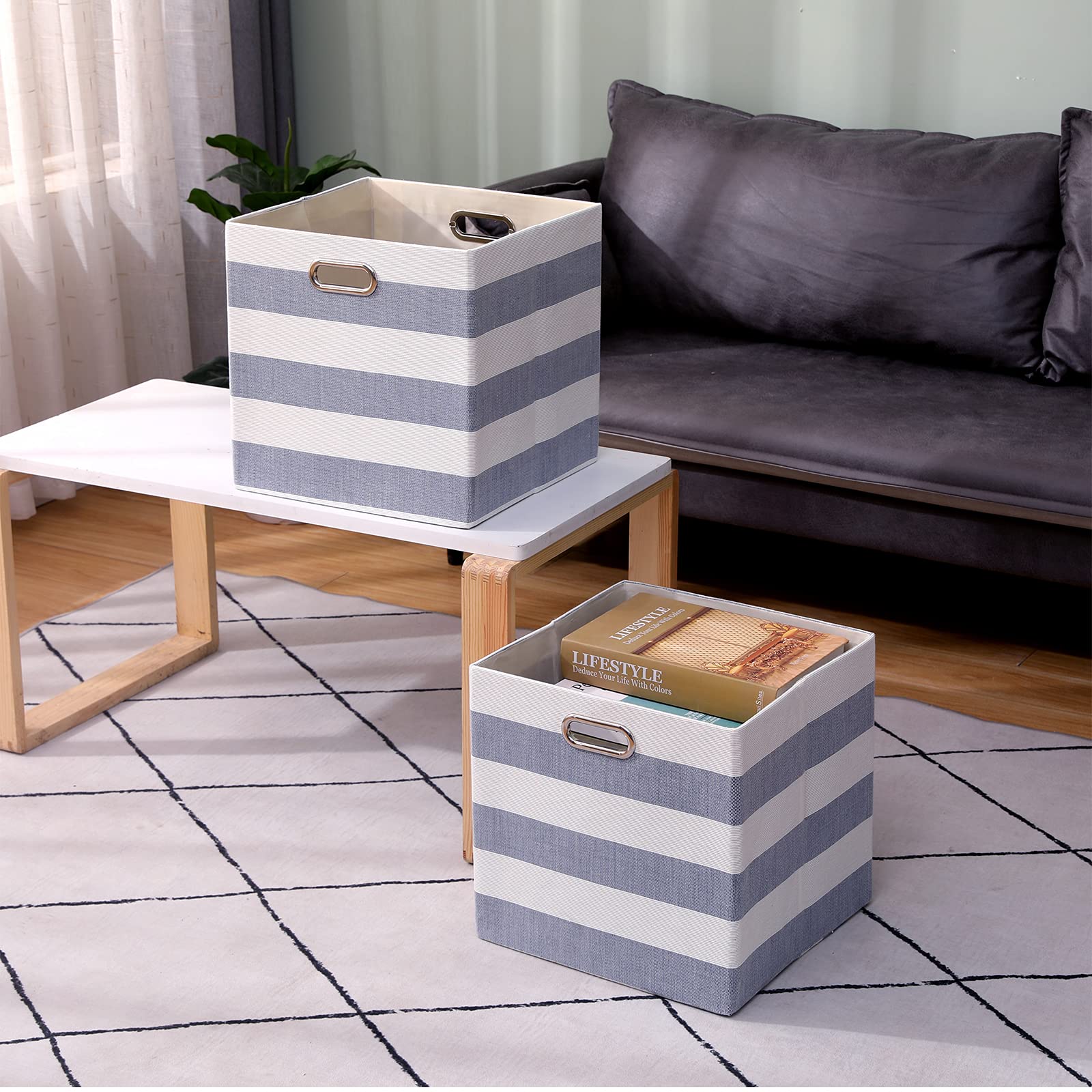 Foldable Fabric Cube Storage Bins 13x13 Inches with Handles - Set of 4 Collapsible Organization Baskets for Closet, Shelf, Cabinet & Bookcase - Large Capacity Drawer Organizers for Bedroom, Office & Kids Room - Grey-White Stripes (Perfect for Toy Storage, Laundry Sorting & Home Organization)