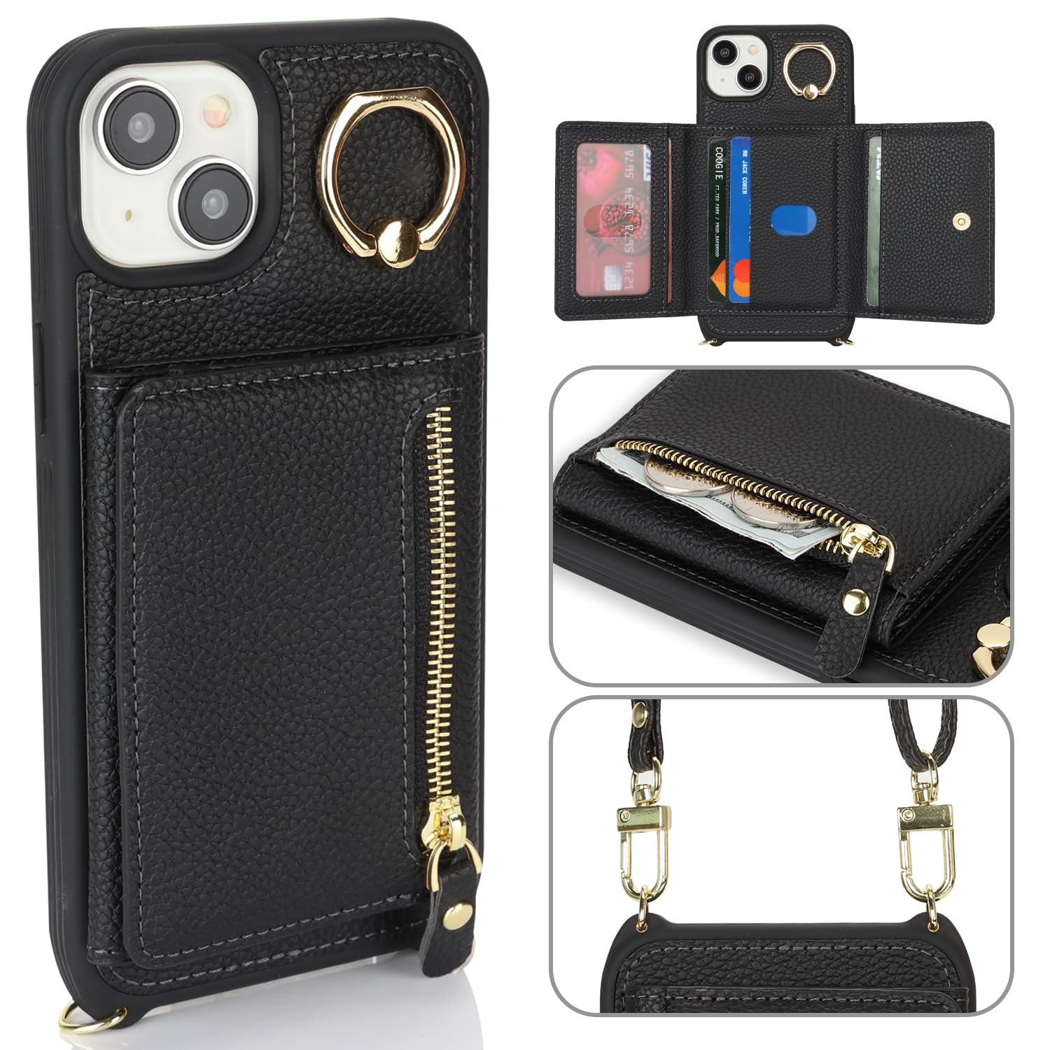 Premium Leather Wallet Case for iPhone 15 Plus with Card Holder & Crossbody Strap - Built-in Stand & Zipper Pocket - Fashionable Protective Phone Cover for Women (Black) | Perfect for Travel, Shopping & Everyday Use