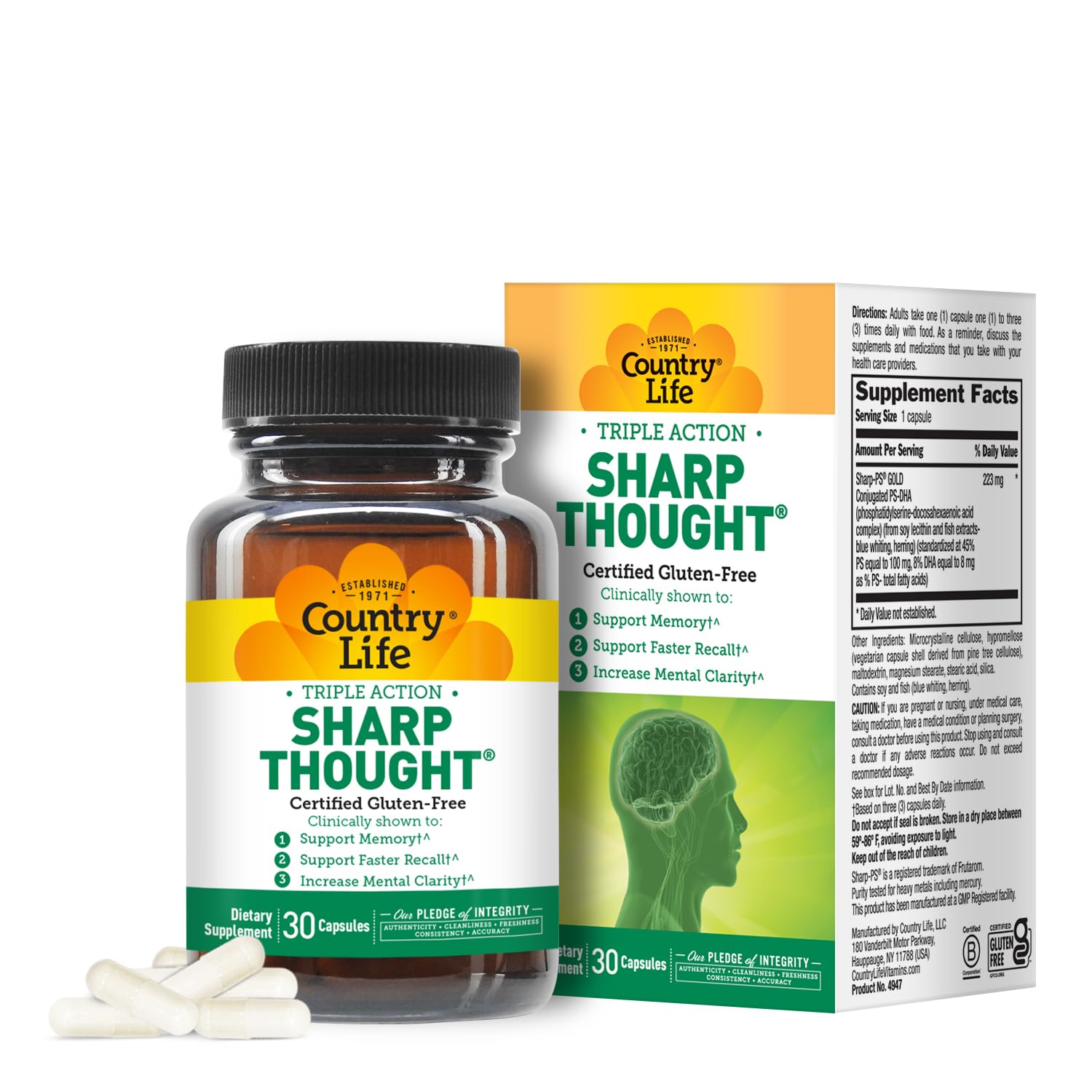 Country Life Sharp Thought 30 Capsules - Certified Gluten Free Brain Supplement for Memory & Focus - Supports Mental Clarity for Students & Professionals