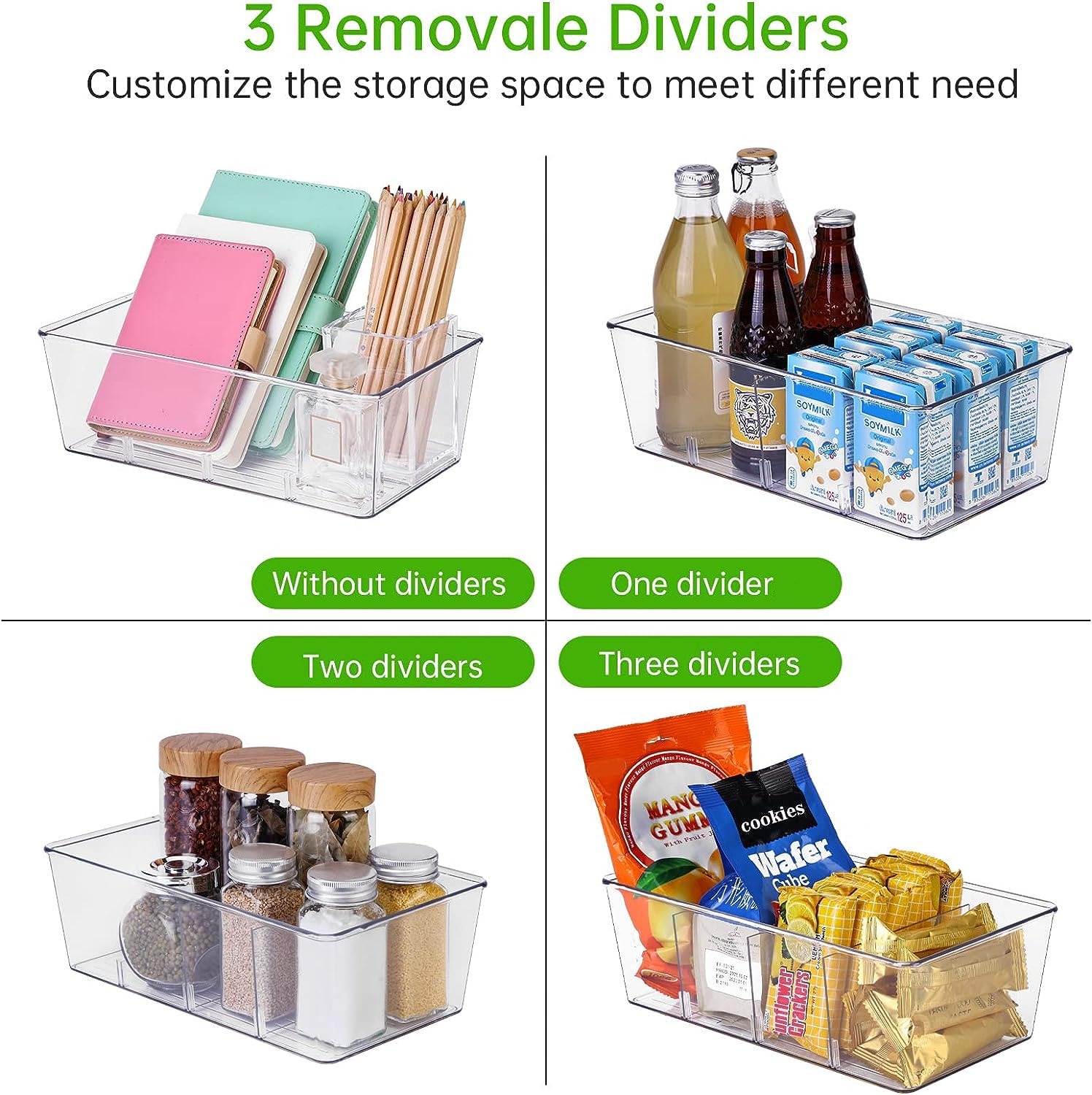7 Pack Clear Pantry Organizer Bins with Removable Dividers - Stackable Kitchen Storage Containers for Snacks, Spices & Pouches - Perfect for Fridge, Cabinet & Pantry Organization (Space Saving Solution)