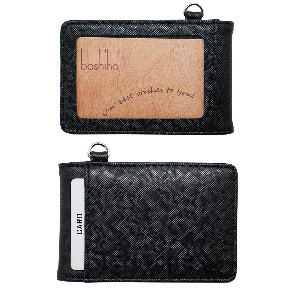 Boshiho Leather ID Card Badge Holder with Adjustable Wide Lanyard - Vertical Style for Men & Women - Perfect for Office, School, Security & Business Events